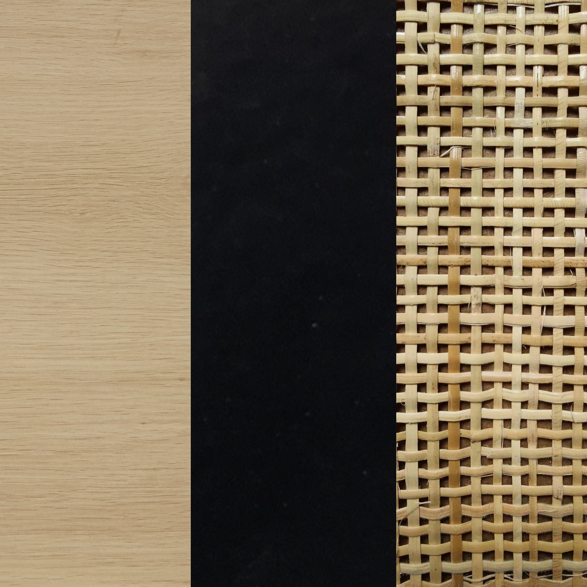 A close-up photo showing three vertical sections: light wood grain on the left, a solid black strip in the center, and woven cane material on the right.