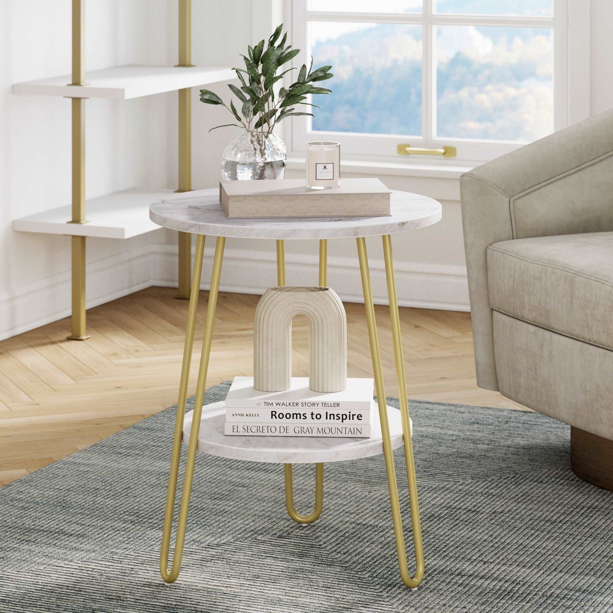 Faux Marble & Metal Pin Leg Tiered Side Table Matte White Marble-Gold