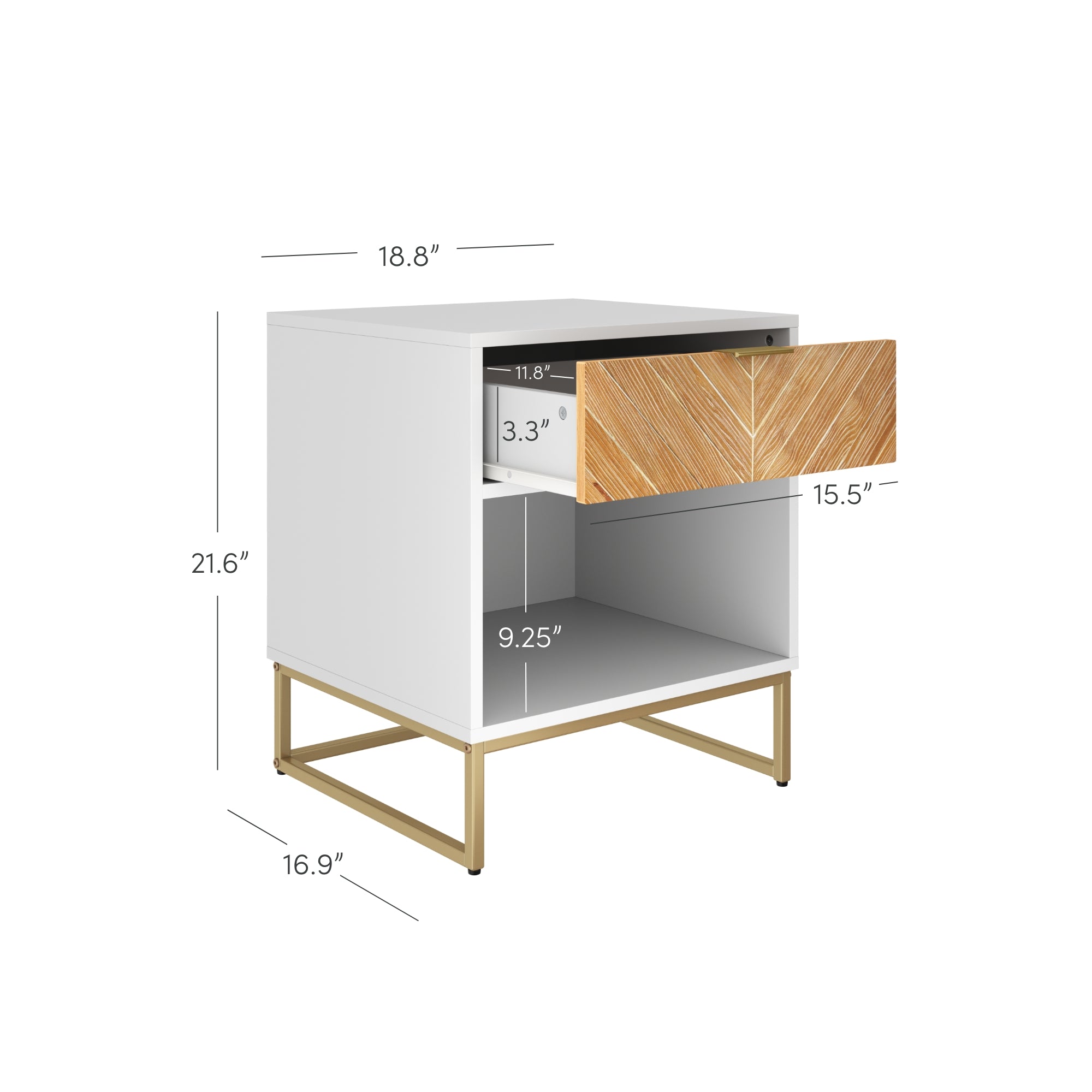 A modern white nightstand with gold legs, an open lower shelf, and a single drawer featuring a wood pattern. Dimensions and drawer measurements are labeled around the piece.