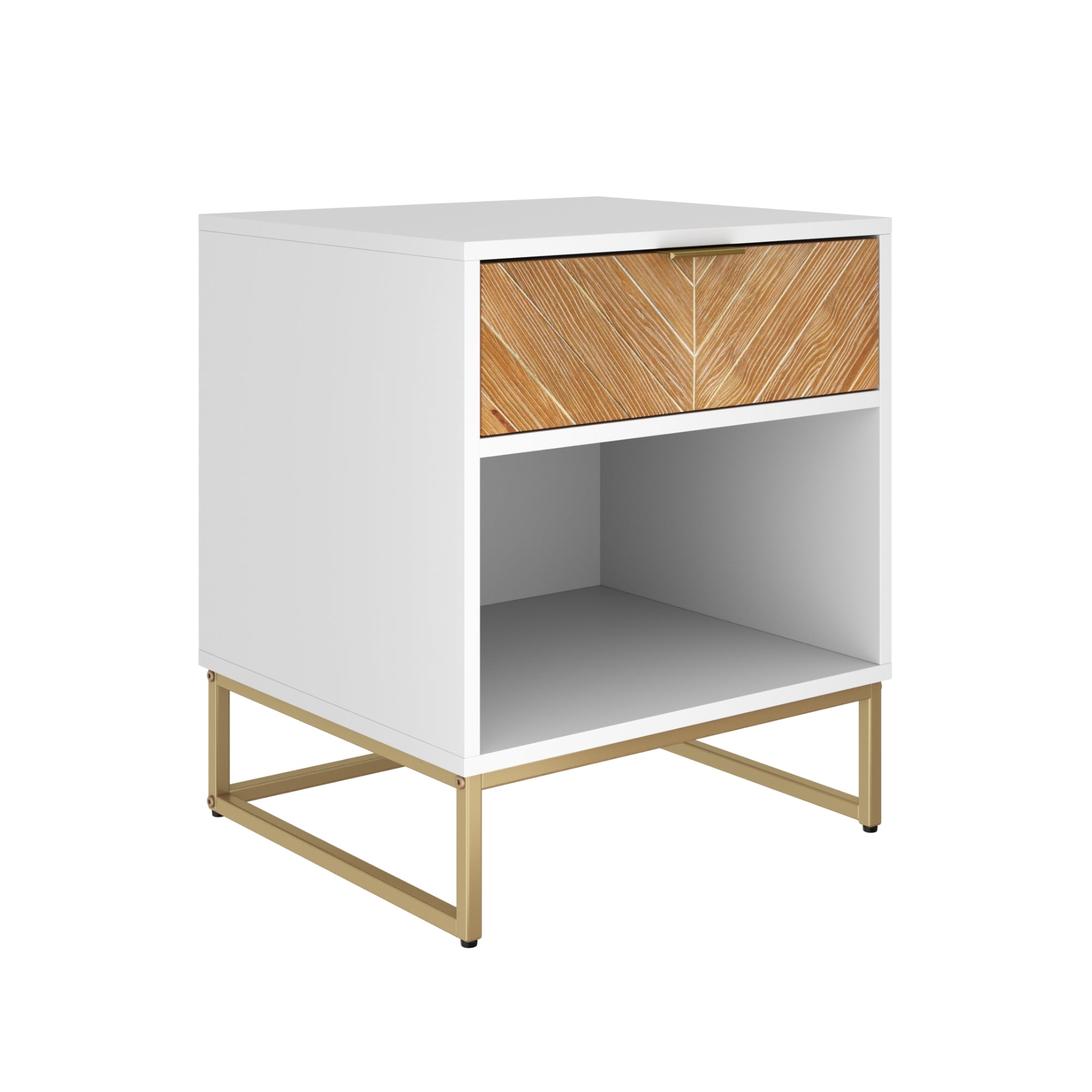 A modern white nightstand with gold metal legs, featuring an open shelf and a single drawer with a chevron-patterned wooden front.