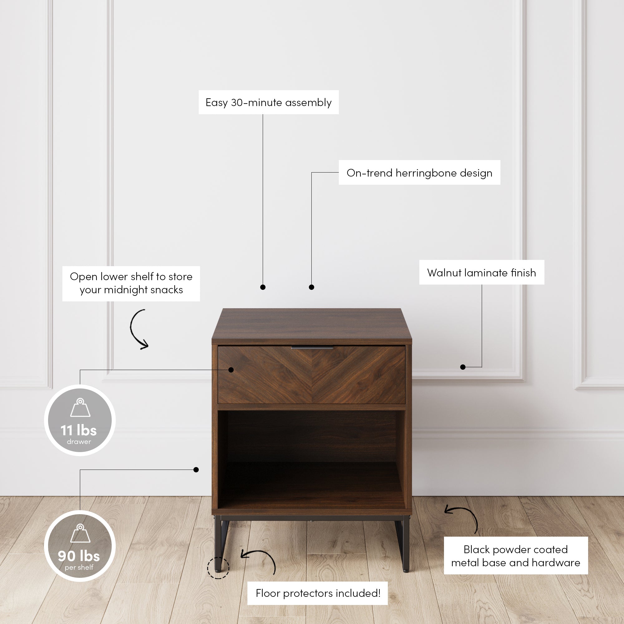 Mid-century modern nightstand with walnut laminate finish, herringbone design, open lower shelf, one drawer, black powder-coated metal base, and labeled features highlighting easy assembly, weight limits, and included floor protectors.