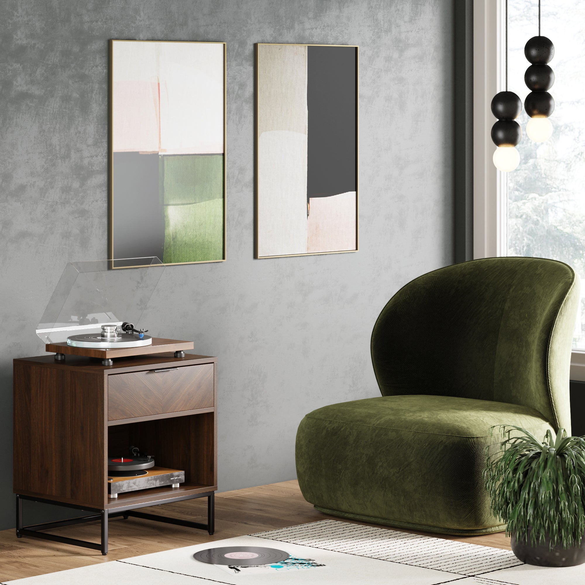A cozy modern room with a green velvet chair, a wooden record player stand, abstract wall art, a stack of records, a potted plant, and globe pendant lights near a window.