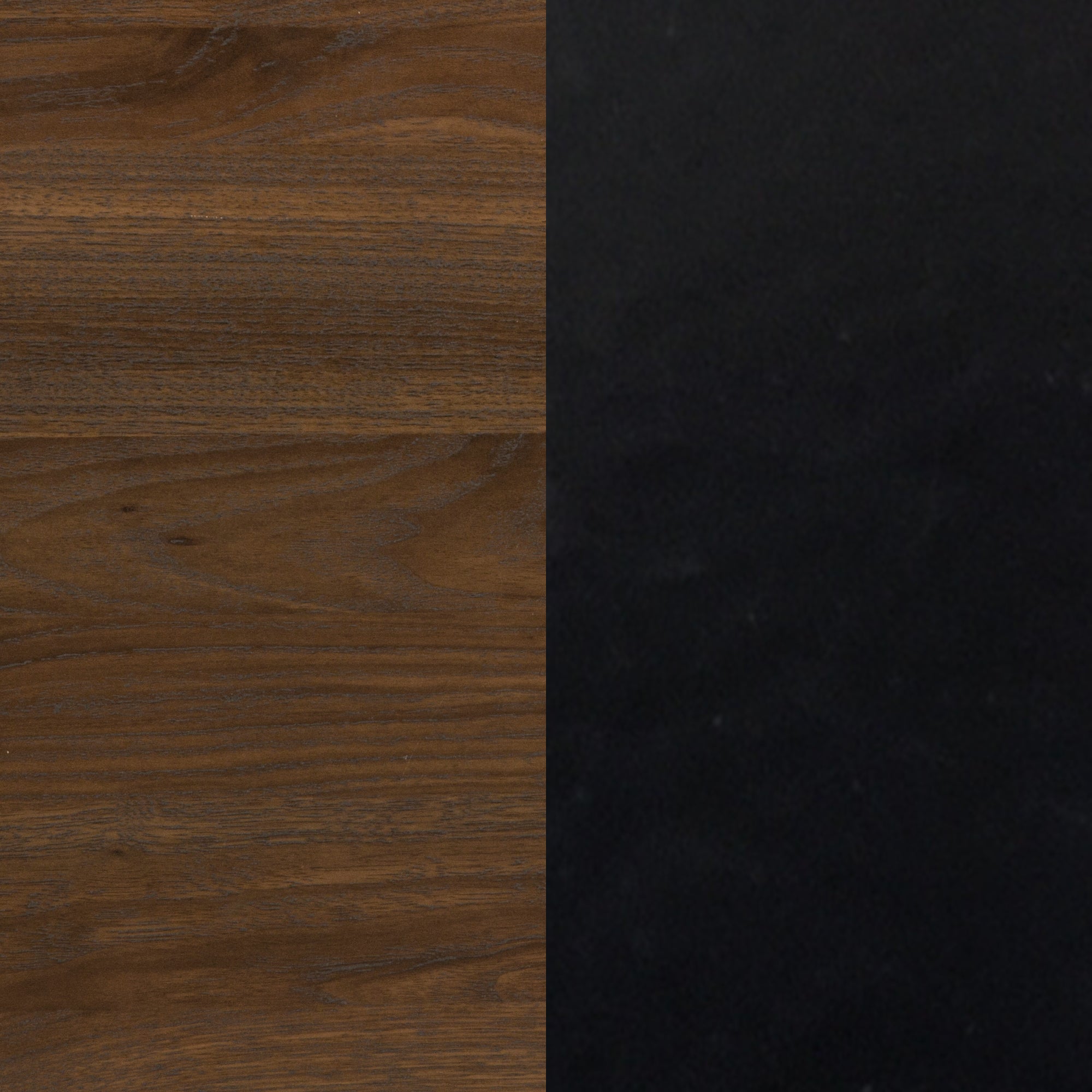 A surface divided vertically: the left half shows medium brown wood grain with visible texture, while the right half is a smooth, matte black surface.