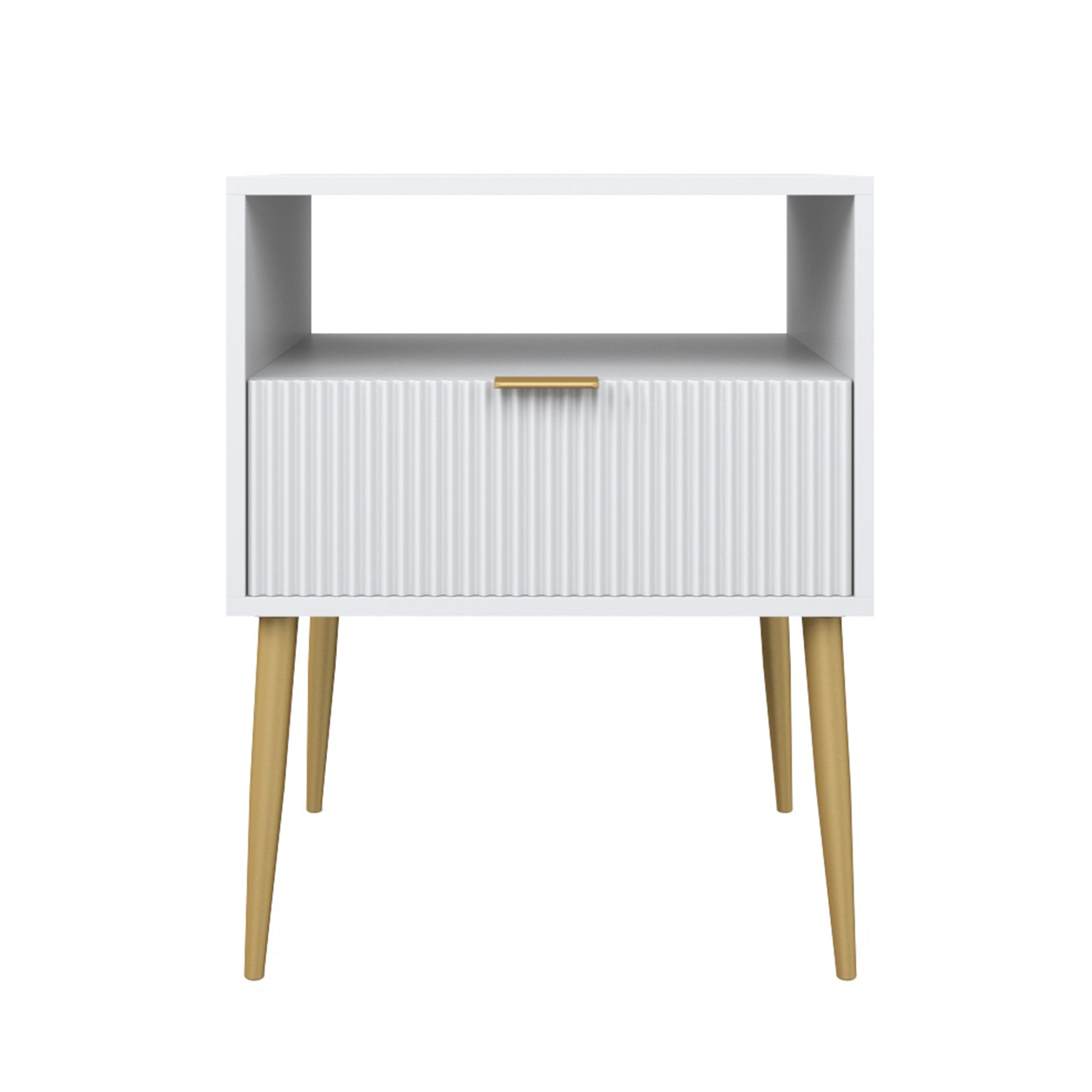 A modern white nightstand with an open shelf, a single drawer featuring vertical grooves and a gold handle, supported by four light wooden legs.