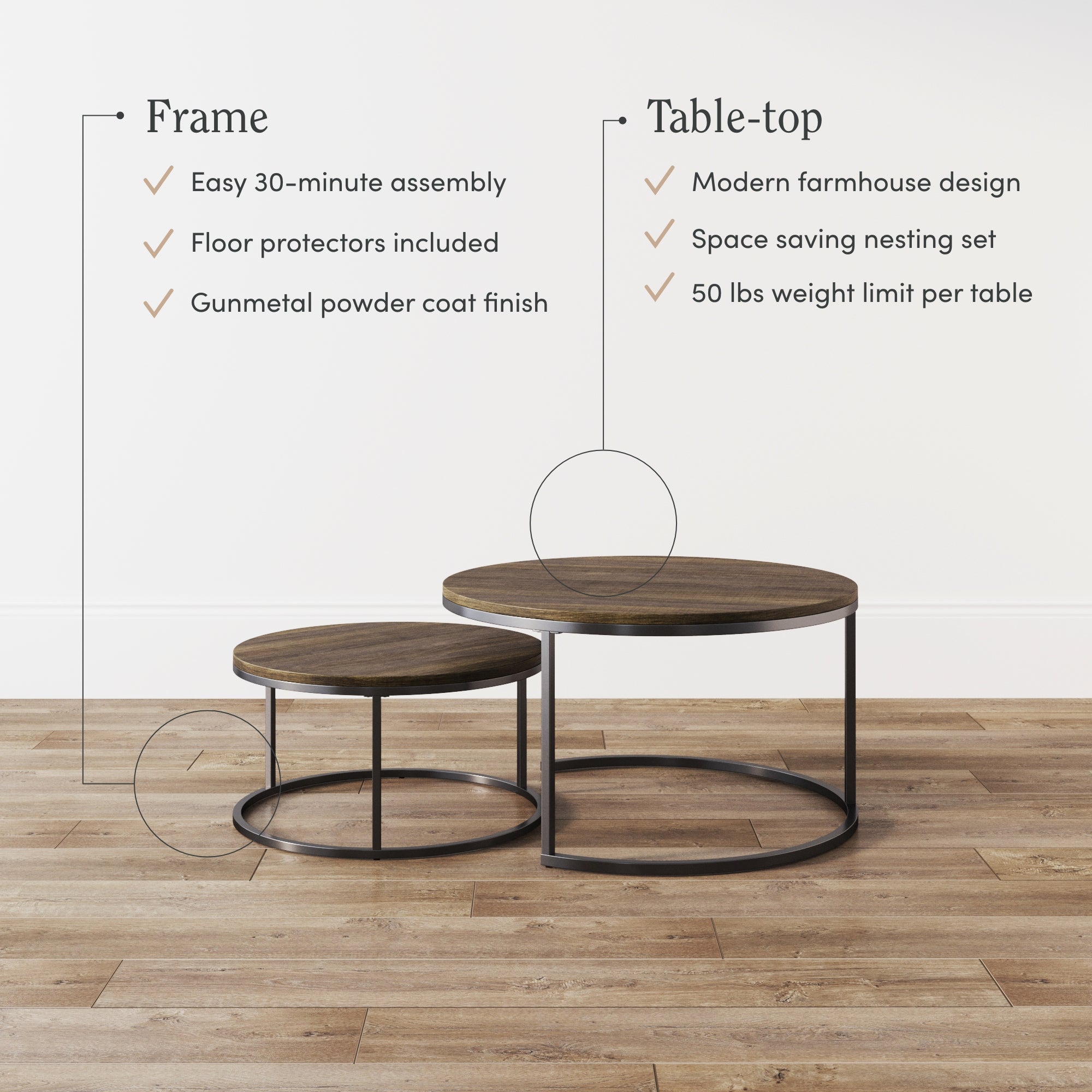 Two round nesting tables with dark wooden tops and thin black metal frames on a wooden floor. Text highlights features: easy assembly, floor protectors, durable finish, modern farmhouse style, space-saving, and 50 lb weight limit.
