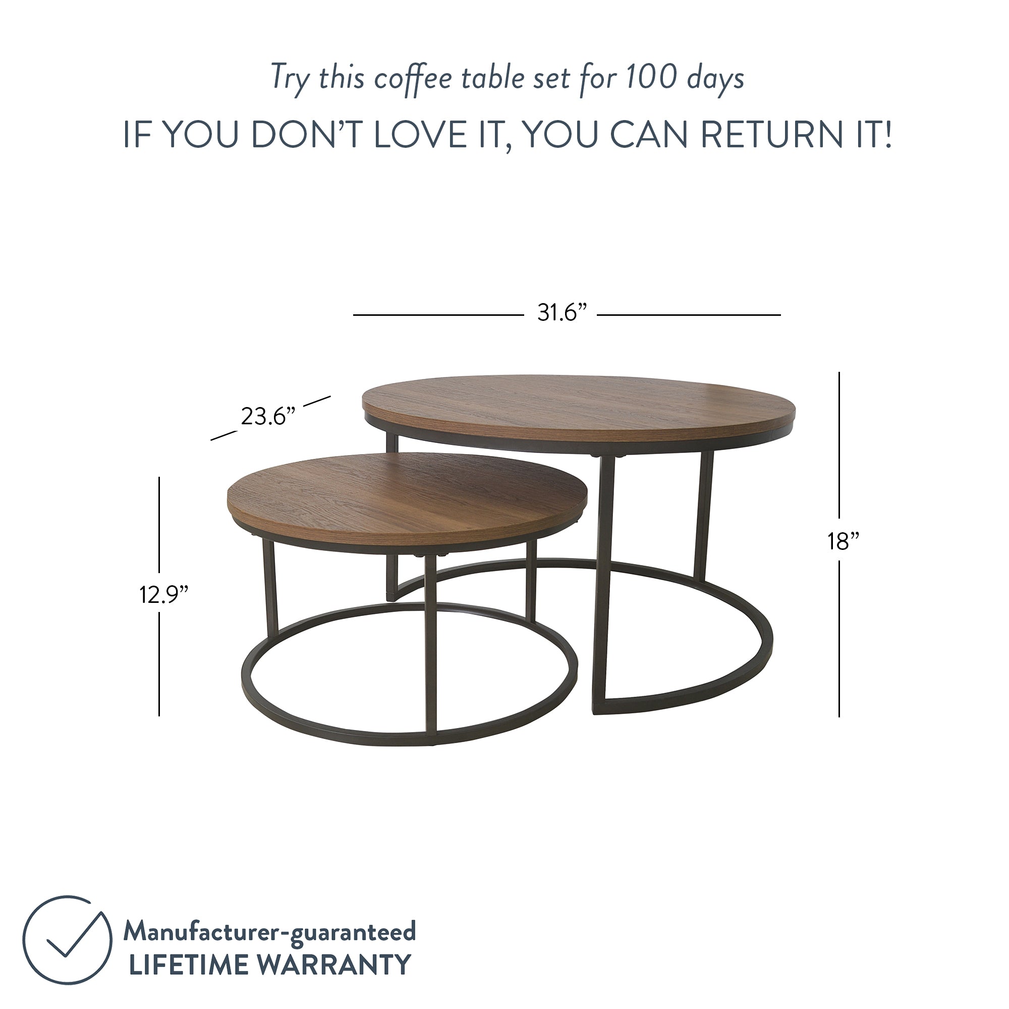 Two round nesting coffee tables with wooden tops and black metal frames. Larger table: 31.6 diameter, 18 height. Smaller table: 23.6 diameter, 12.9 height. Text offers 100-day trial and lifetime warranty.