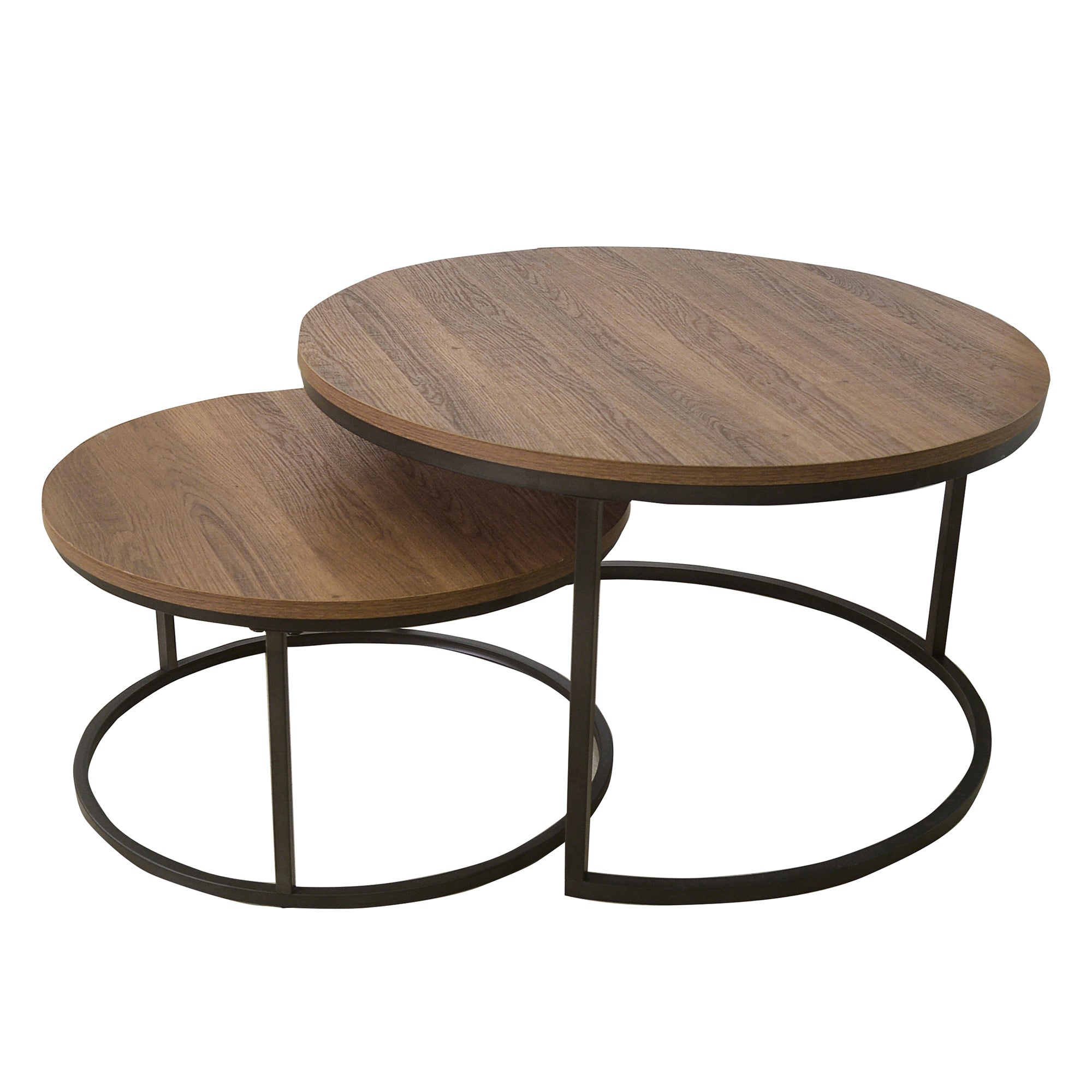Two round nesting coffee tables with dark metal frames and wooden tops. The smaller table is partially tucked under the larger one.