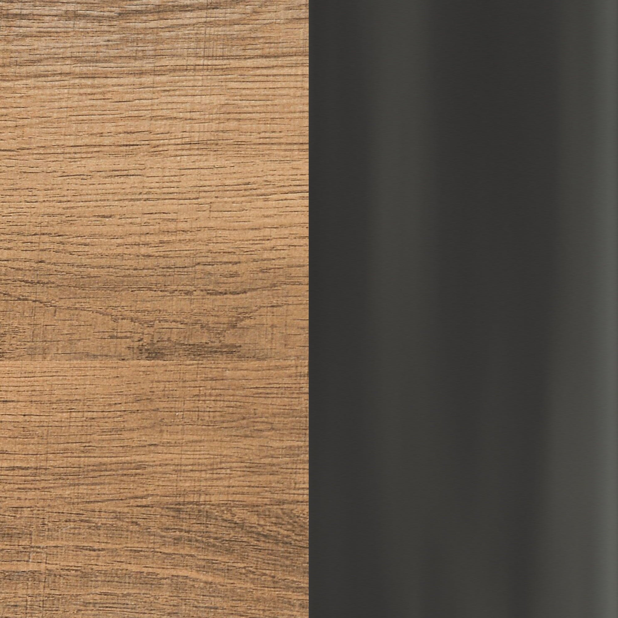A vertical split image showing wood grain texture on the left side and smooth black metallic or glossy surface on the right side.