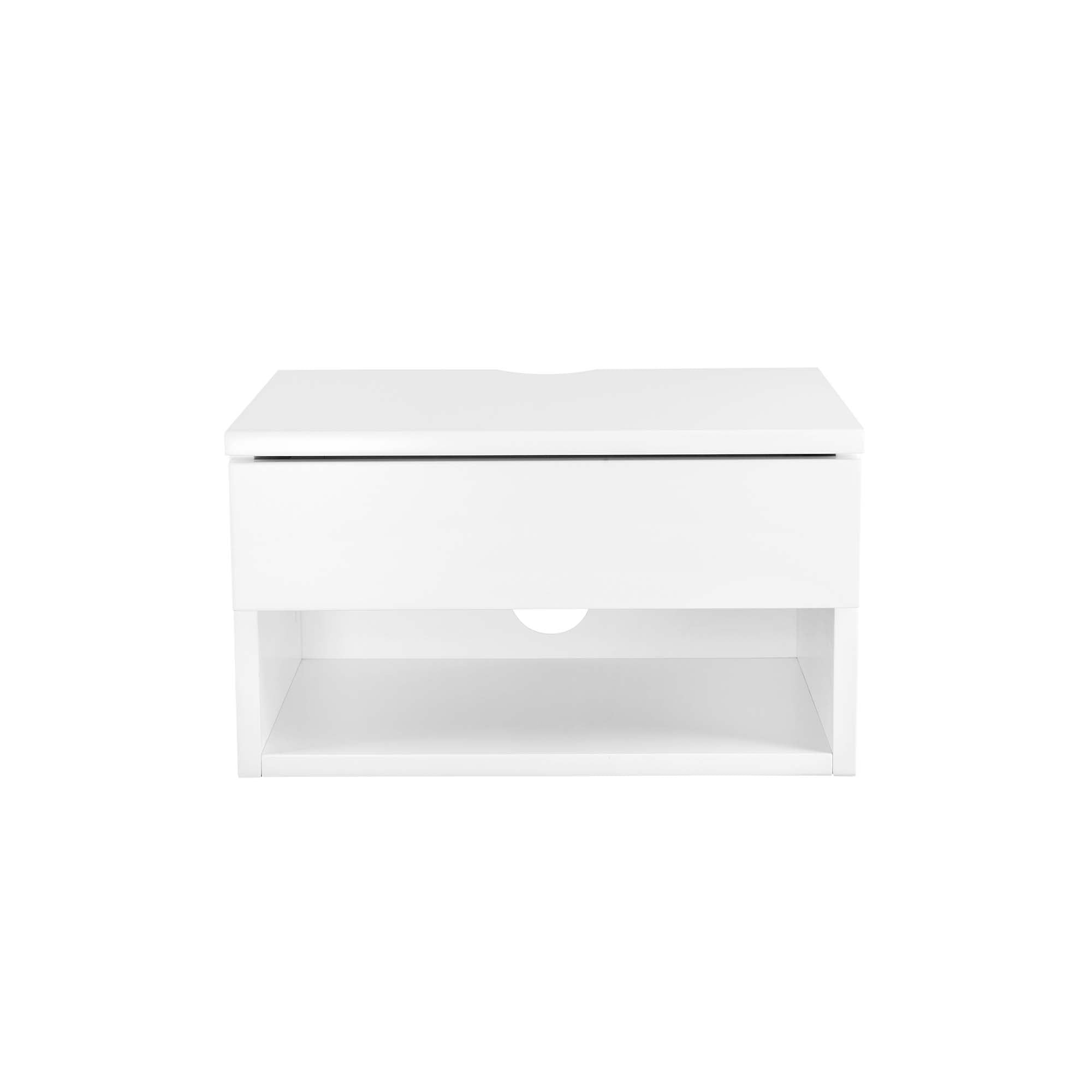 Front view of a modern white nightstand with a single drawer and an open shelf underneath, set against a plain white background.