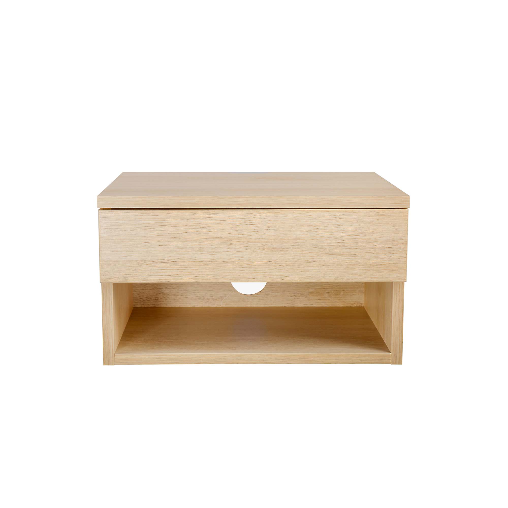 A light wood nightstand with a single drawer and an open shelf underneath, featuring a circular cutout handle, shown against a plain white background.