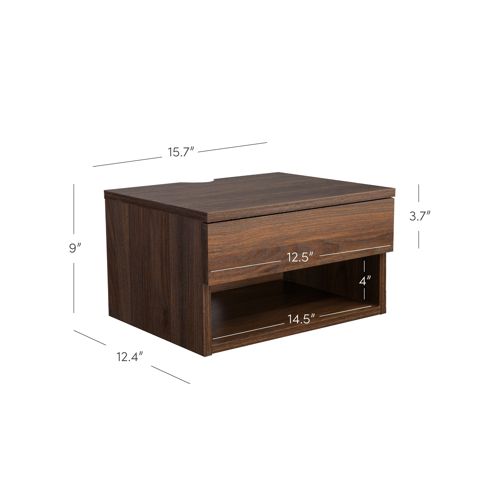 A wooden nightstand with a drawer and open shelf, measuring 15.7 wide, 12.4 deep, and 9 high. The drawer is 12.5 wide and 3.7 high; the shelf is 14.5 wide and 4 high.