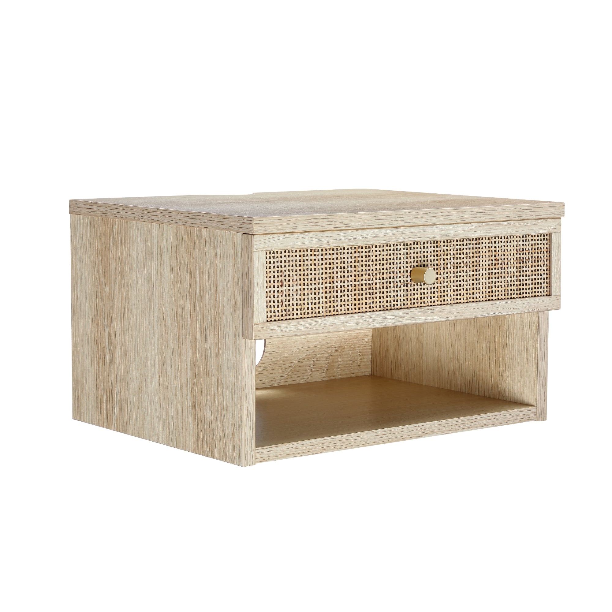 A light wood nightstand with a single drawer featuring a woven rattan front and a round metal knob, plus an open shelf below the drawer.