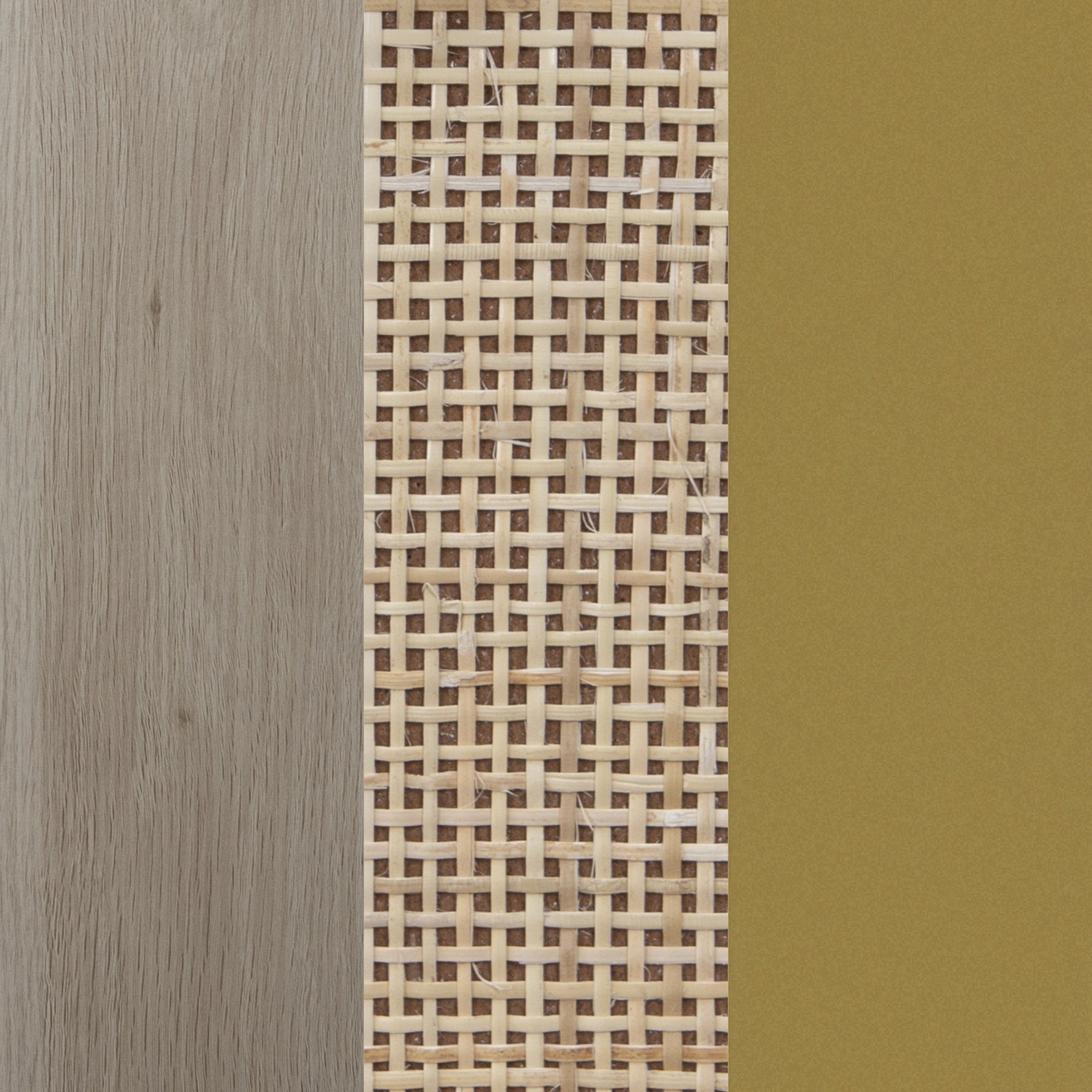 Three vertical panels: light wood grain on the left, woven beige cane pattern in the center, and solid mustard yellow color on the right.