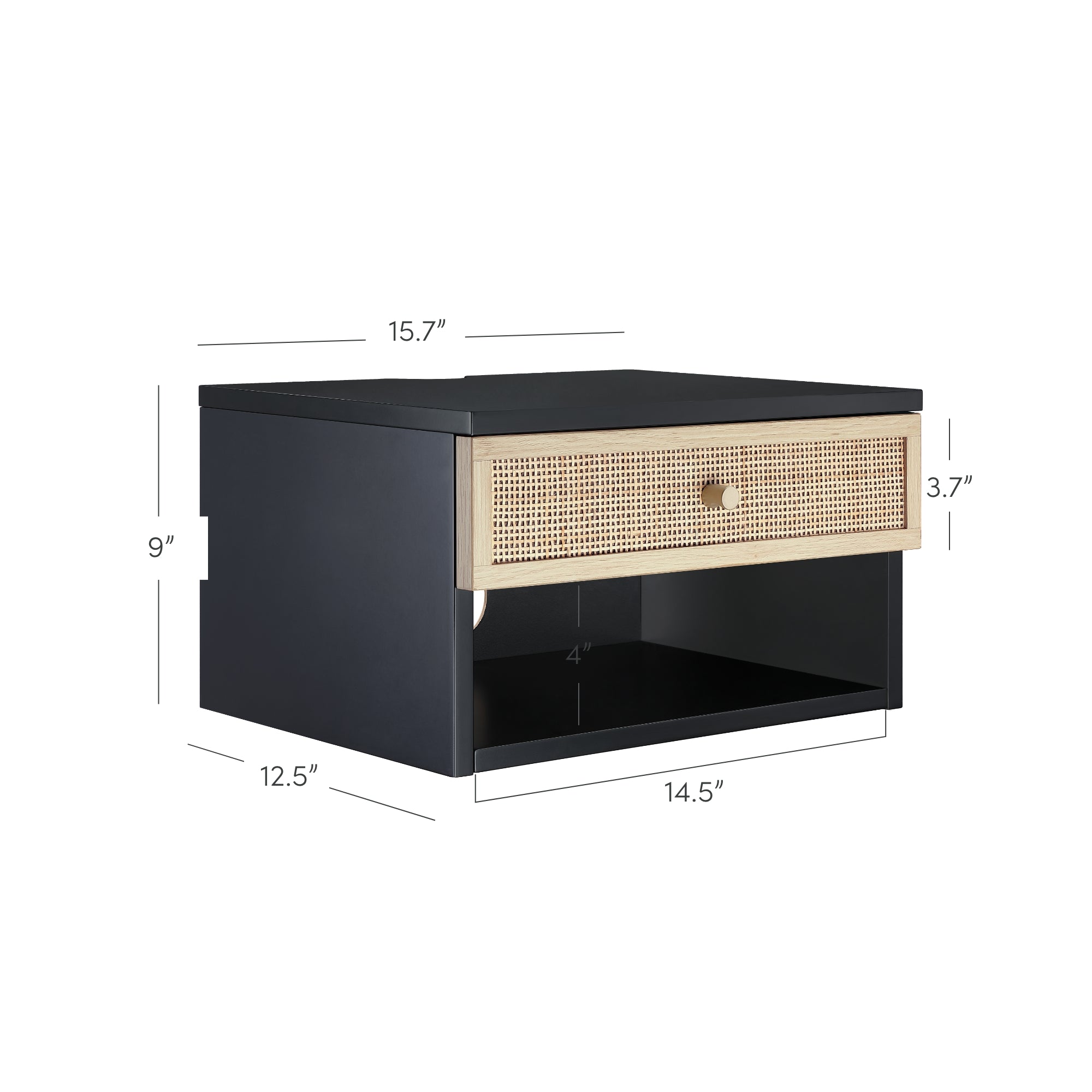 Black nightstand with one rattan-front drawer and an open lower shelf. Dimensions are marked: 15.7 wide, 12.5 deep, 9 tall; drawer is 3.7 high, open shelf is 4 high and 14.5 wide.