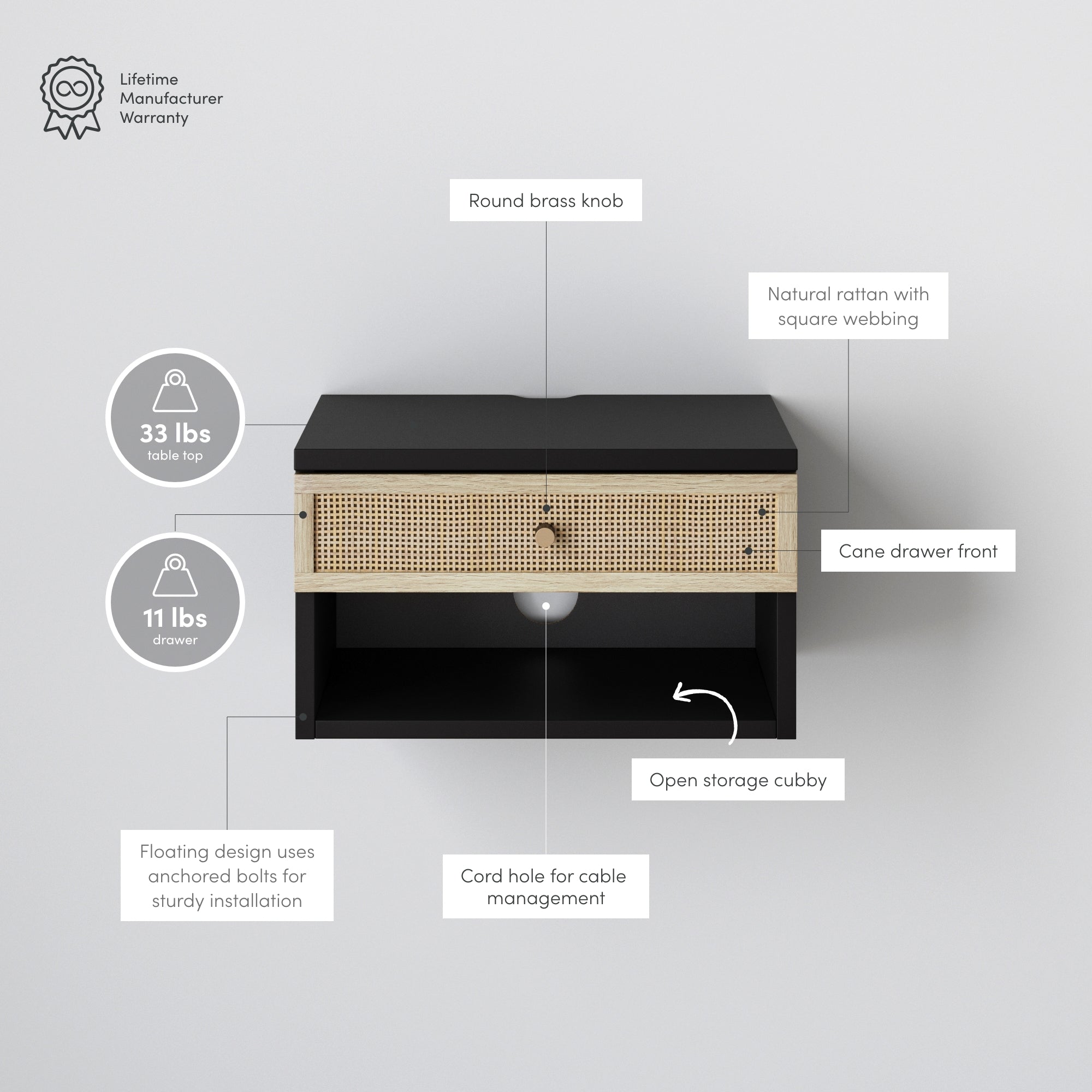 Black nightstand with a round brass knob, a cane drawer front, open storage cubby, and natural rattan with square webbing. Labels show weight limits (33 lbs top, 11 lbs drawer) and features like cord hole and floating design.