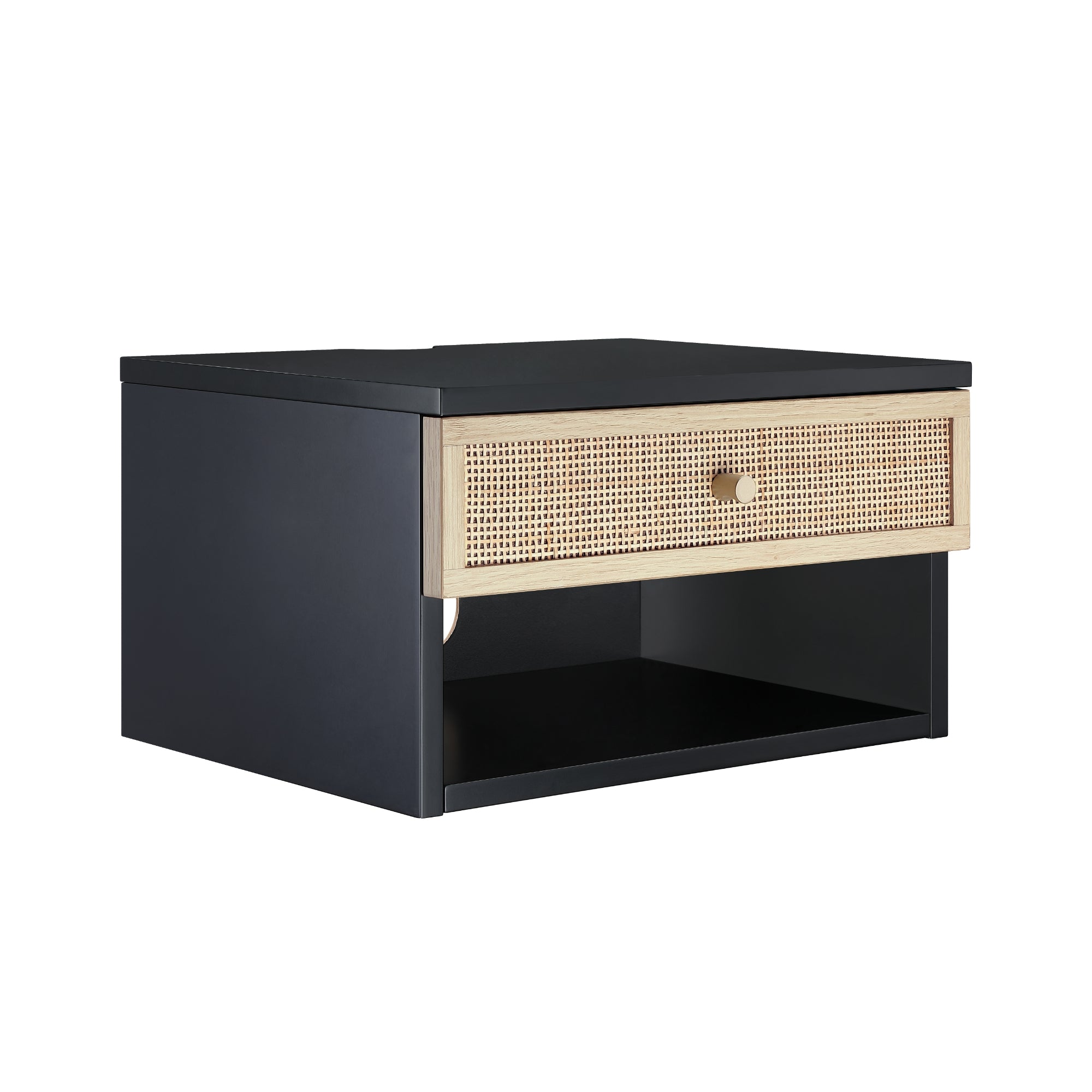 A modern black nightstand with a single rattan drawer and an open lower shelf, featuring a gold knob handle.