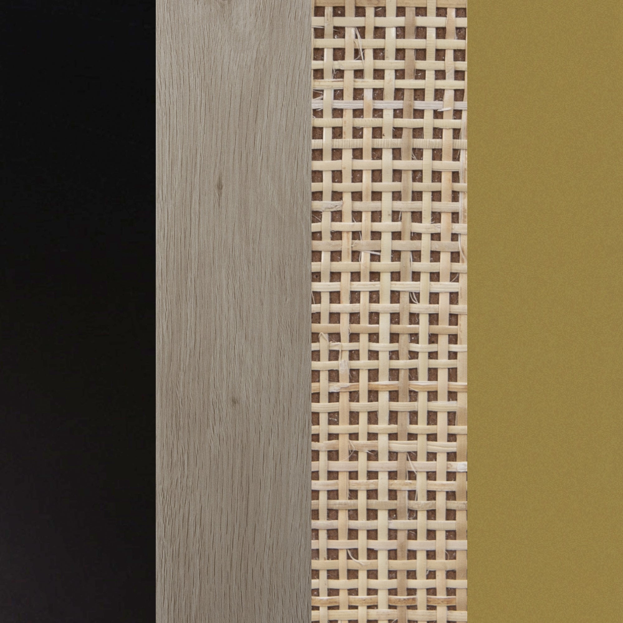 Four vertical panels showing different textures: matte black, light wood grain, woven beige rattan, and smooth muted gold.