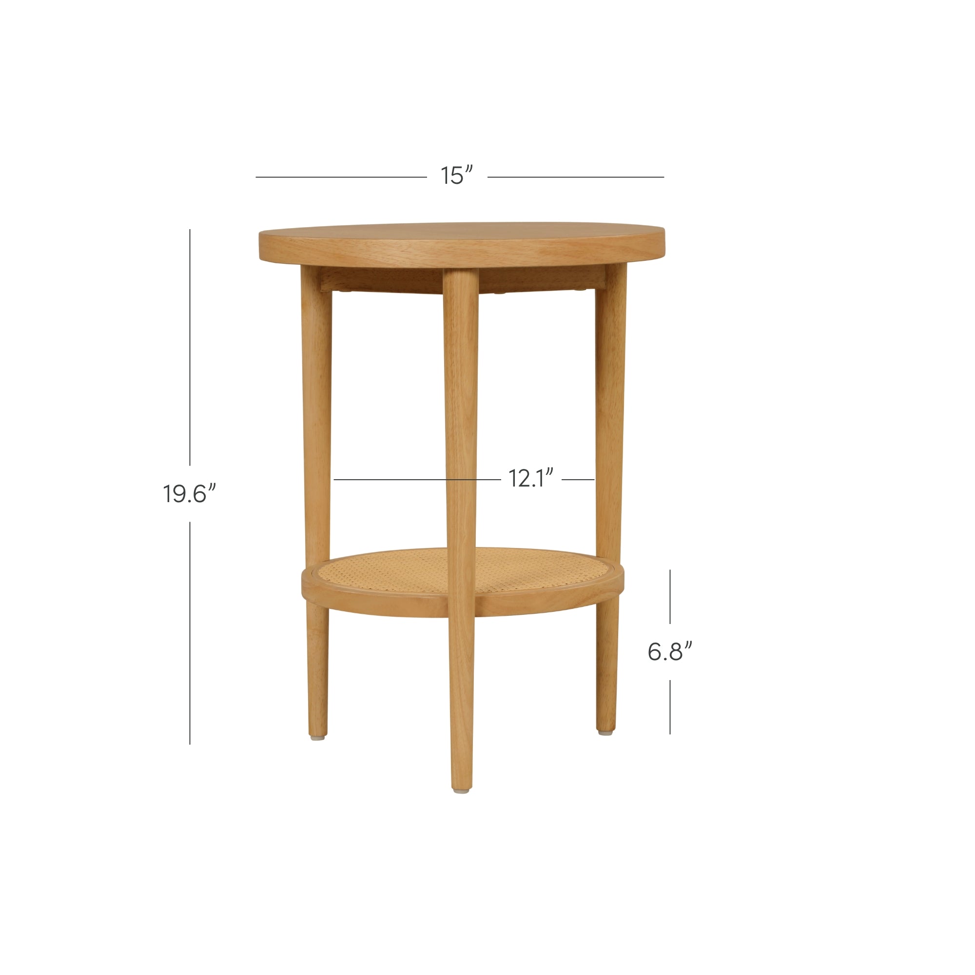 Round wooden side table with four legs, a lower shelf, and labeled dimensions: 15 diameter top, 19.6 height, 12.1 lower shelf diameter, and 6.8 from floor to lower shelf.