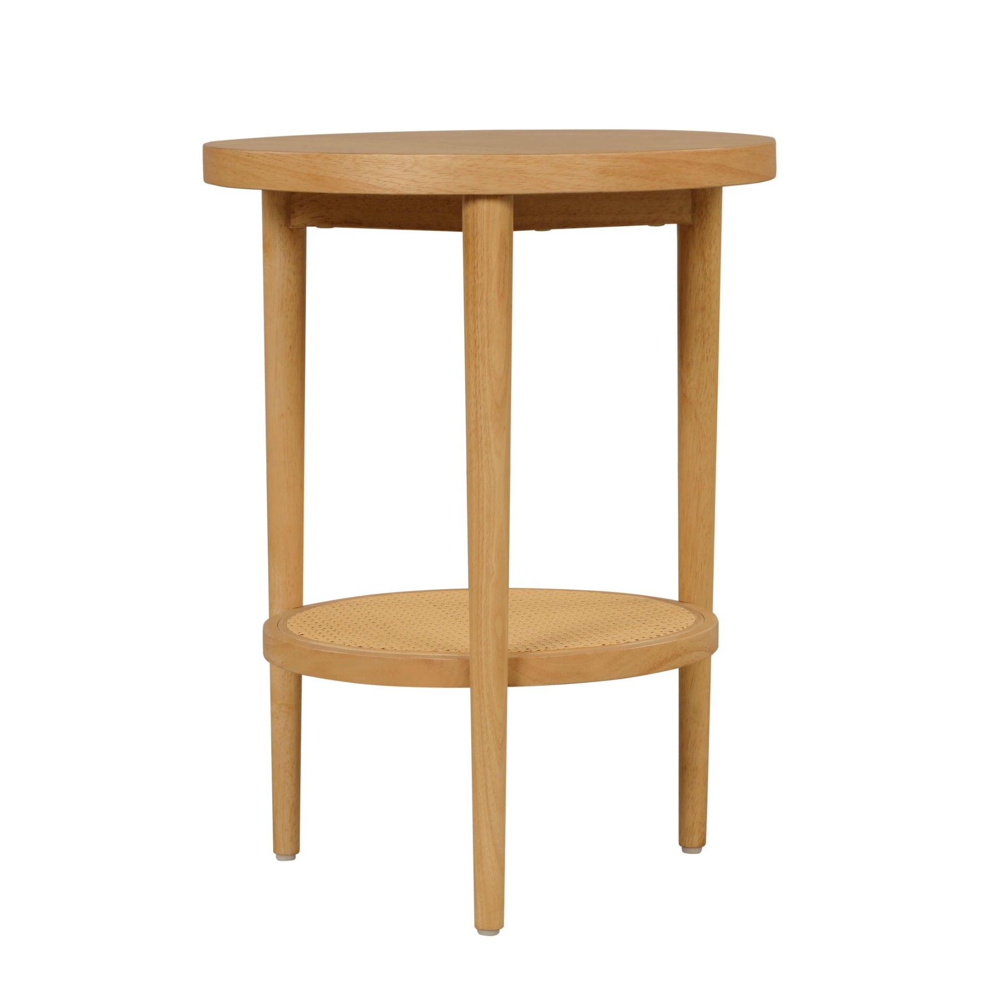 A round wooden side table with four legs, a smooth top, and a lower circular shelf. The design is simple and minimalist, made from light-colored wood.