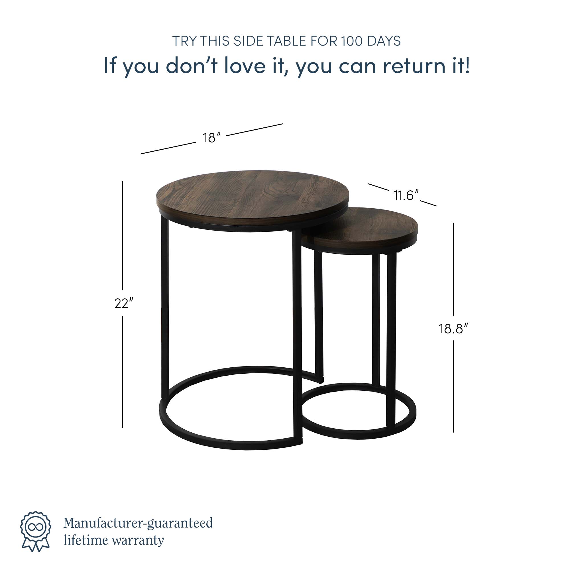 Two round nesting side tables with dark wood tops and black metal frames. The larger table is 22 tall and 18 wide; the smaller is 18.8 tall and 11.6 wide. Text offers a 100-day return policy and lifetime warranty.