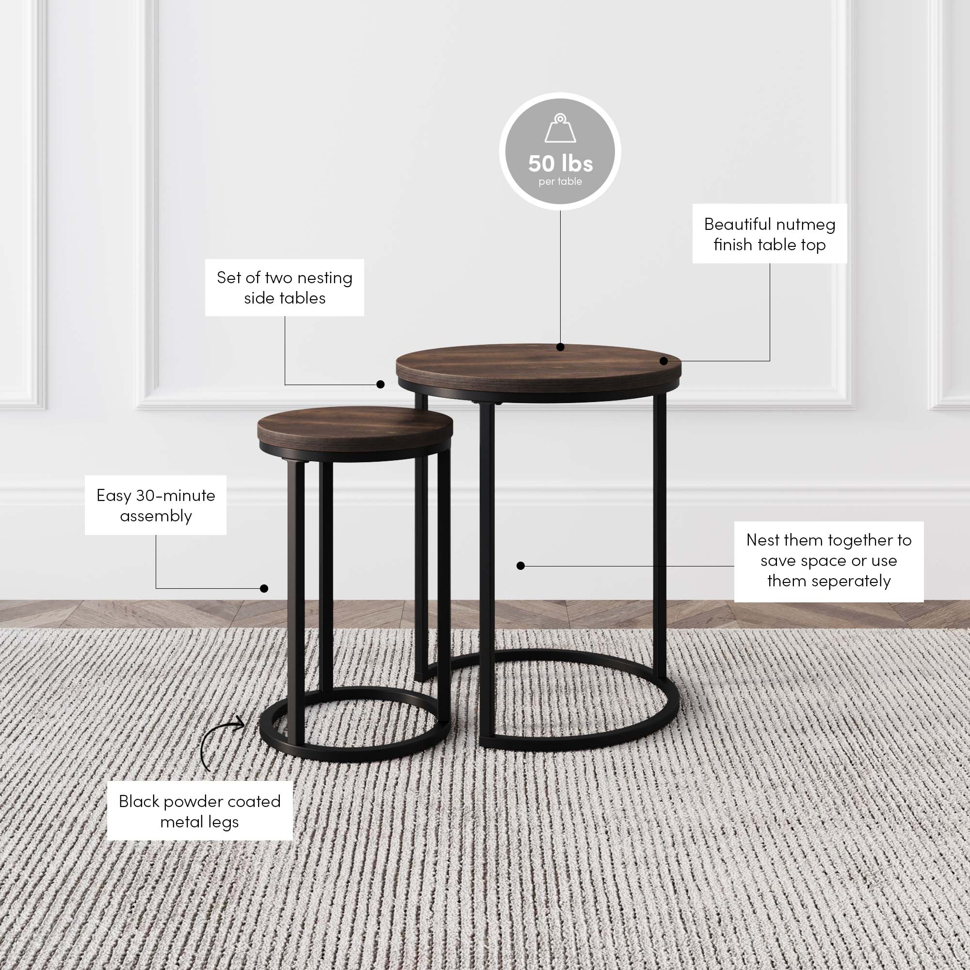 Two round nesting tables with dark wood tops and black metal legs are placed on a textured rug; callouts highlight features such as 30-minute assembly, nutmeg finish, 50-lb weight limit, and space-saving design.