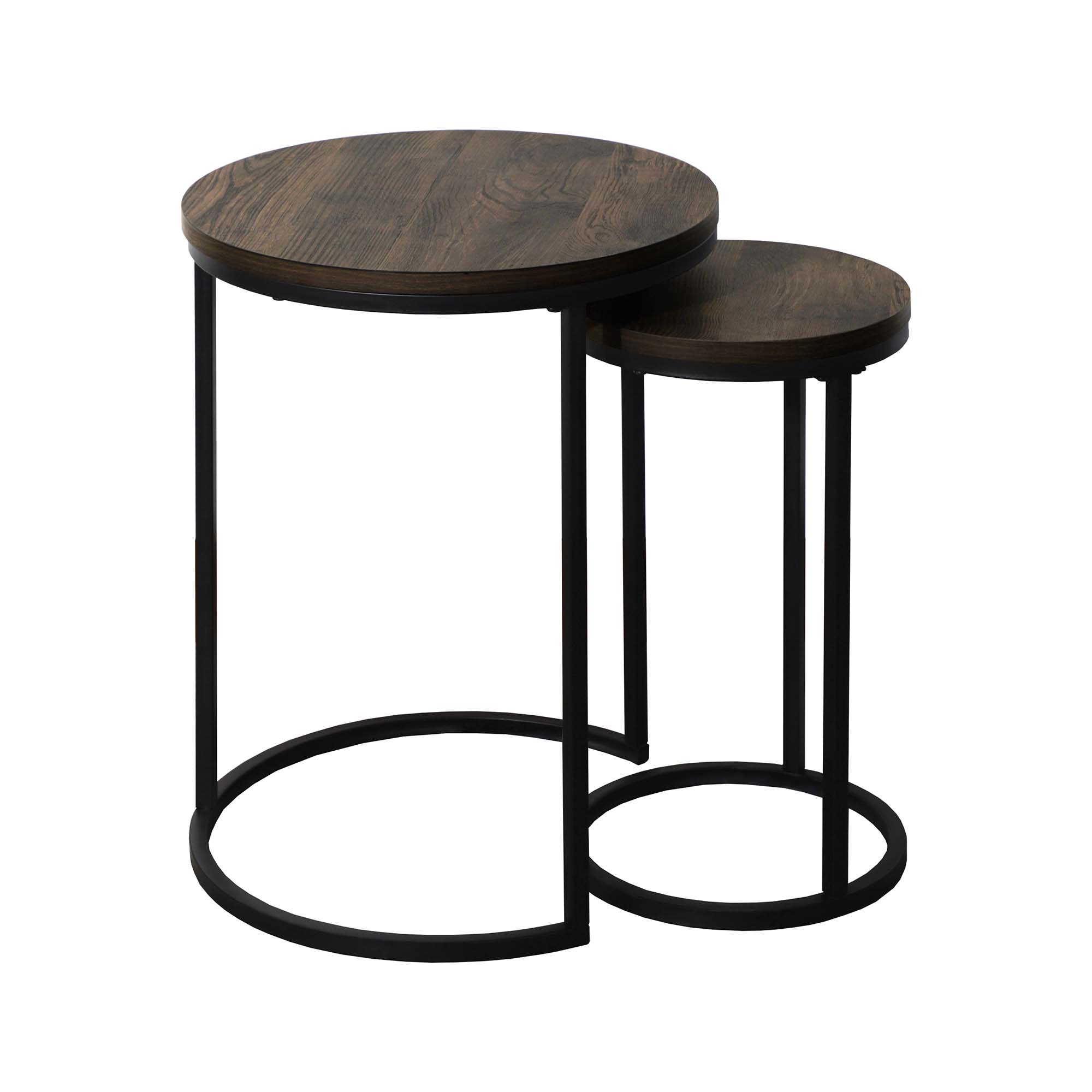 Two round nesting tables with dark wooden tops and black metal frames, with the smaller table partially tucked under the larger one.