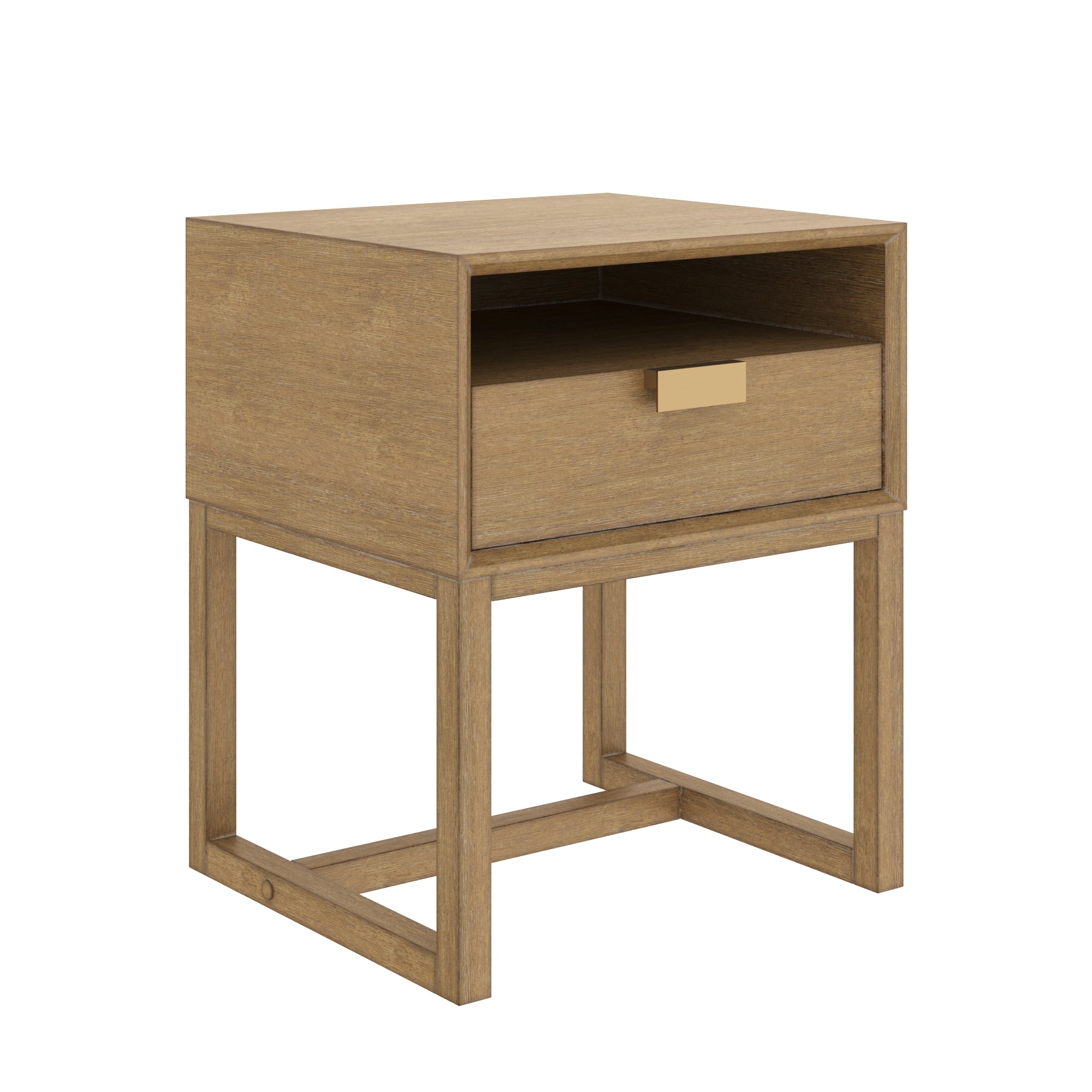 A modern wooden nightstand with a rectangular shape, featuring an open shelf above a single drawer with a flat brass handle, standing on simple square legs.