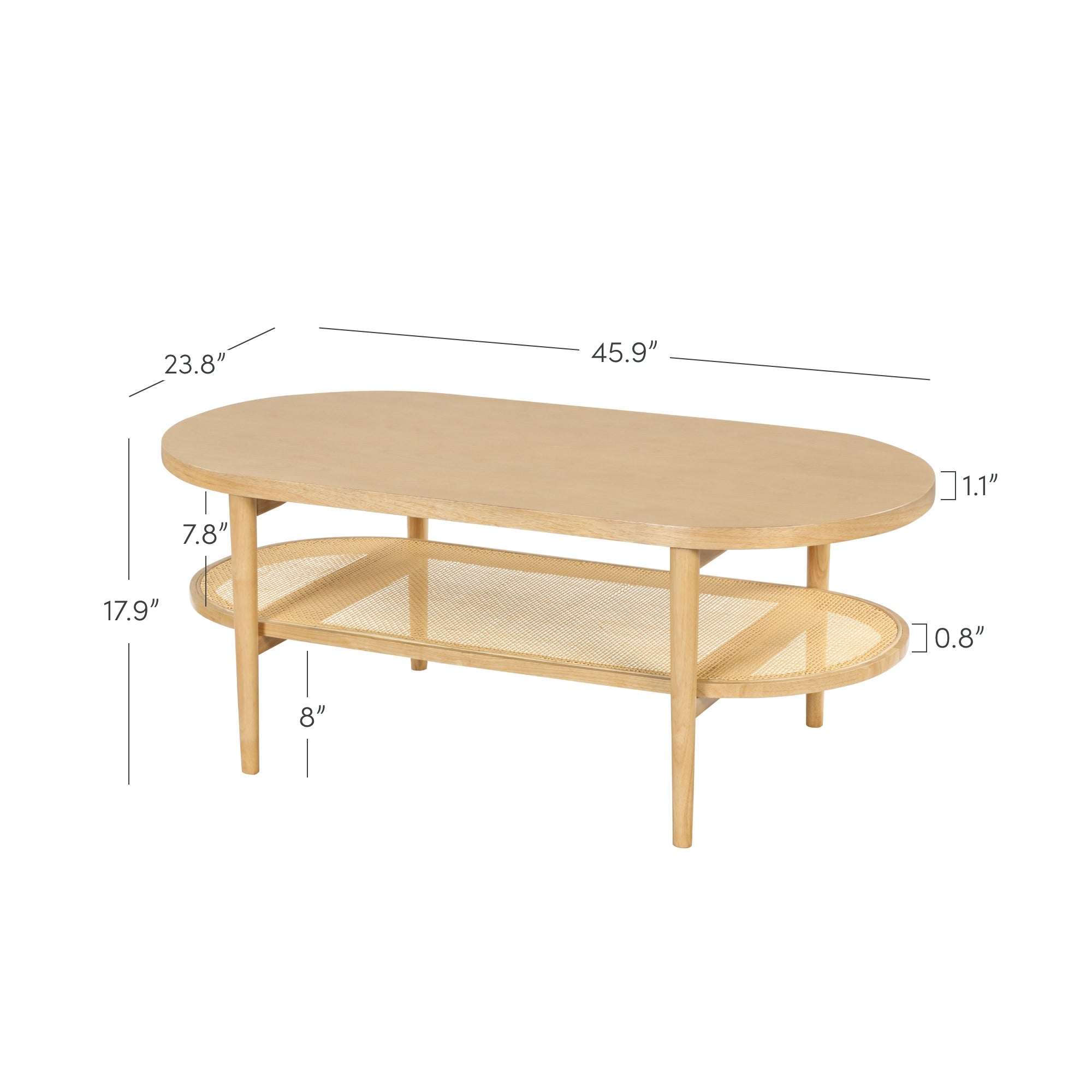 Light wood oval coffee table with four legs, an upper tabletop, and a lower woven shelf. Dimensions: 45.9 long, 23.8 wide, 17.9 high. Shelf height: 8, tabletop thickness: 1.1, shelf thickness: 0.8.