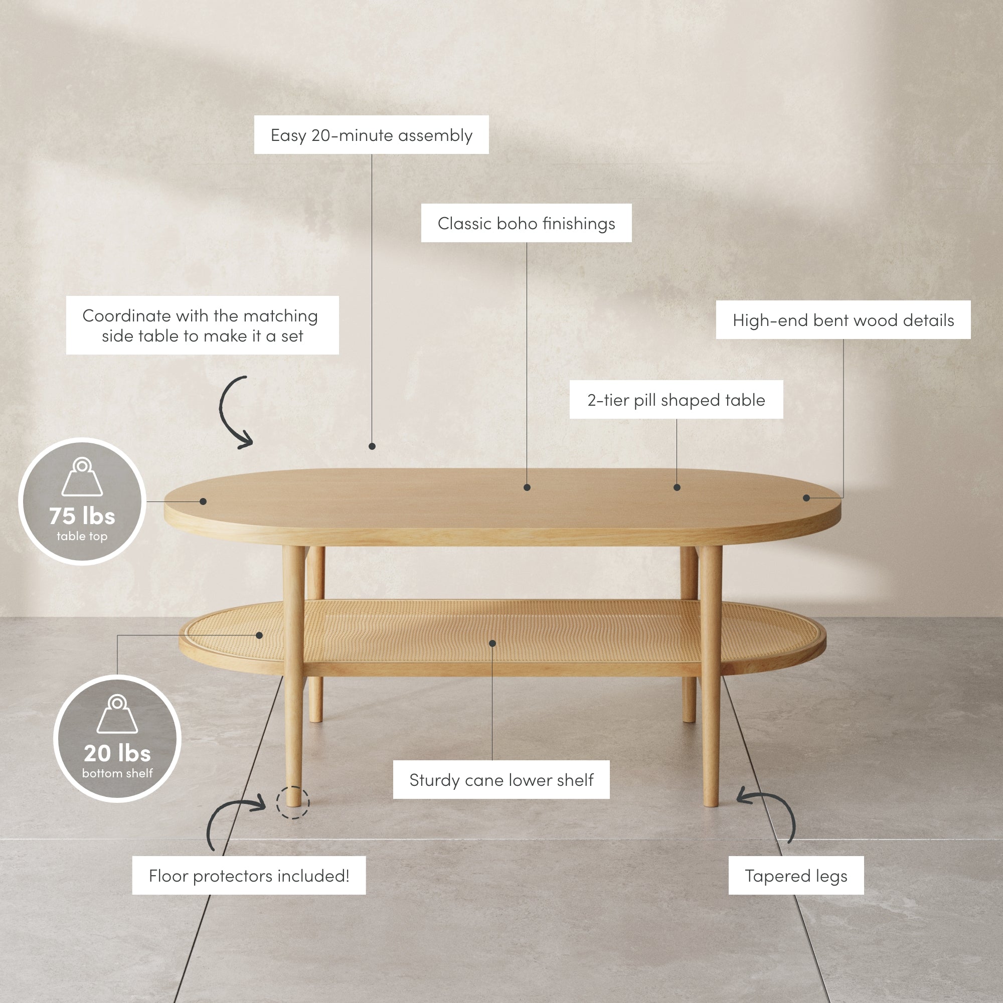 A light wood oval coffee table with a lower cane shelf is shown in a minimalist room. Labels highlight features like sturdy shelf, boho finish, pill shape, 20-min assembly, 75 lbs tabletop limit, and floor protectors.