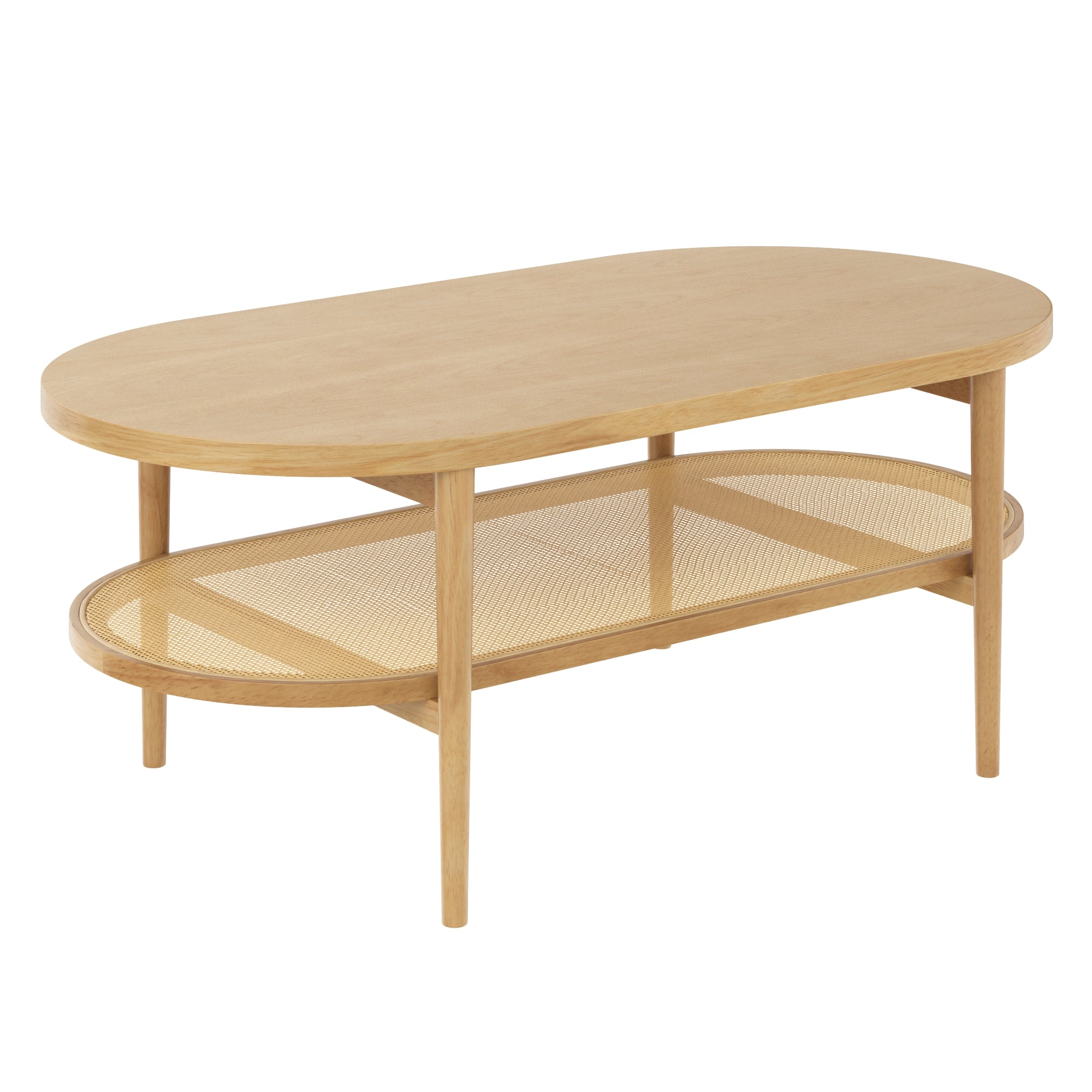 Oval wooden coffee table with light wood finish, featuring four legs and a lower shelf made of woven cane material for additional storage or display.