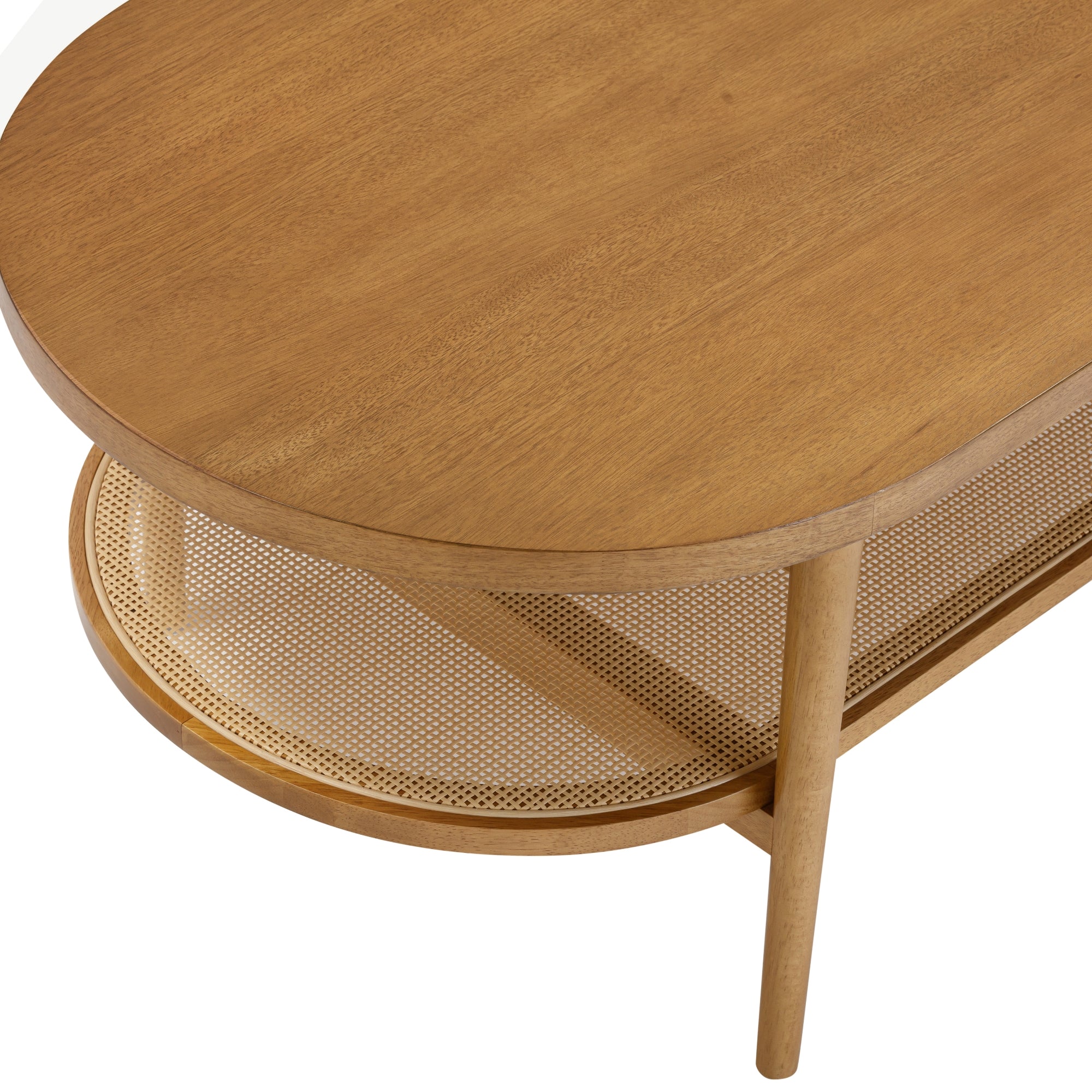 Oval wooden coffee table with a smooth top, rounded edges, and a lower shelf featuring a woven rattan pattern. The legs are also wooden and slightly rounded, giving the table a mid-century modern appearance.