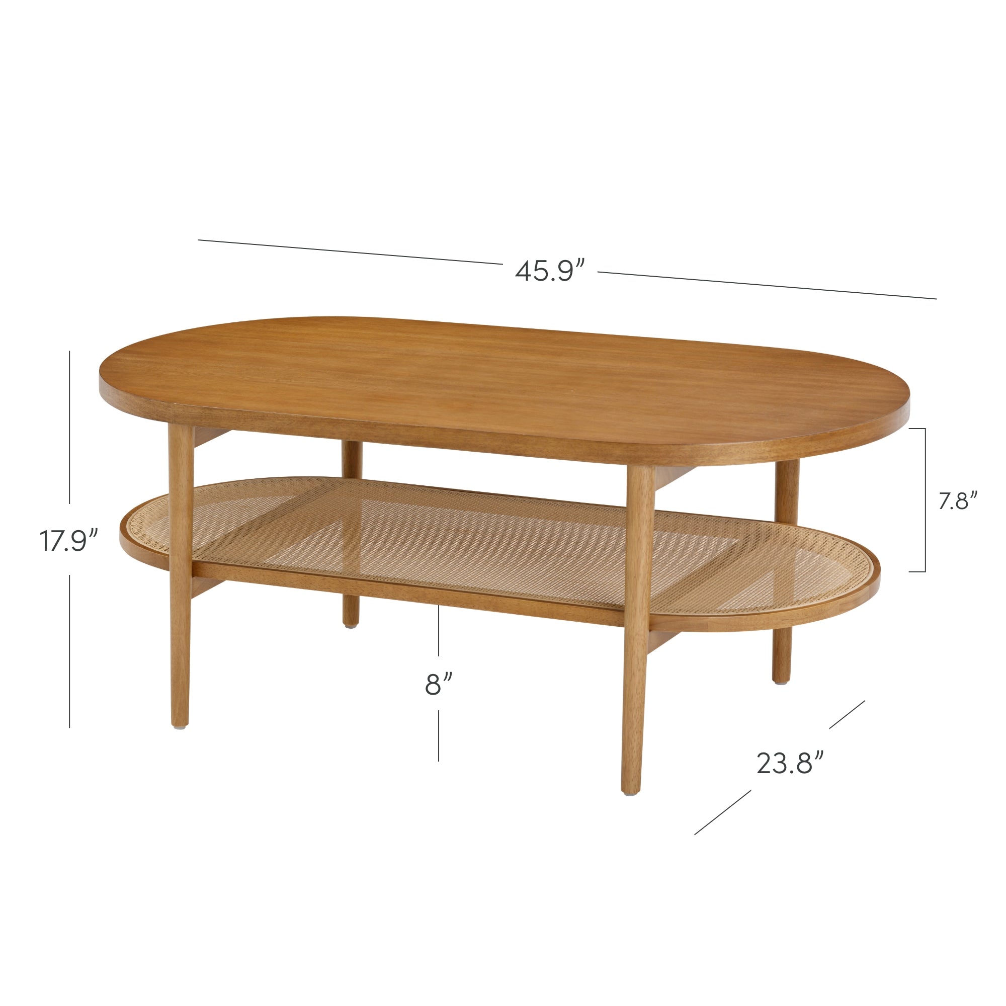 Oval wooden coffee table with four legs, a lower mesh shelf, and labeled dimensions: 45.9 long, 23.8 wide, 17.9 tall, lower shelf 8 below tabletop, and 7.8 height between shelves.