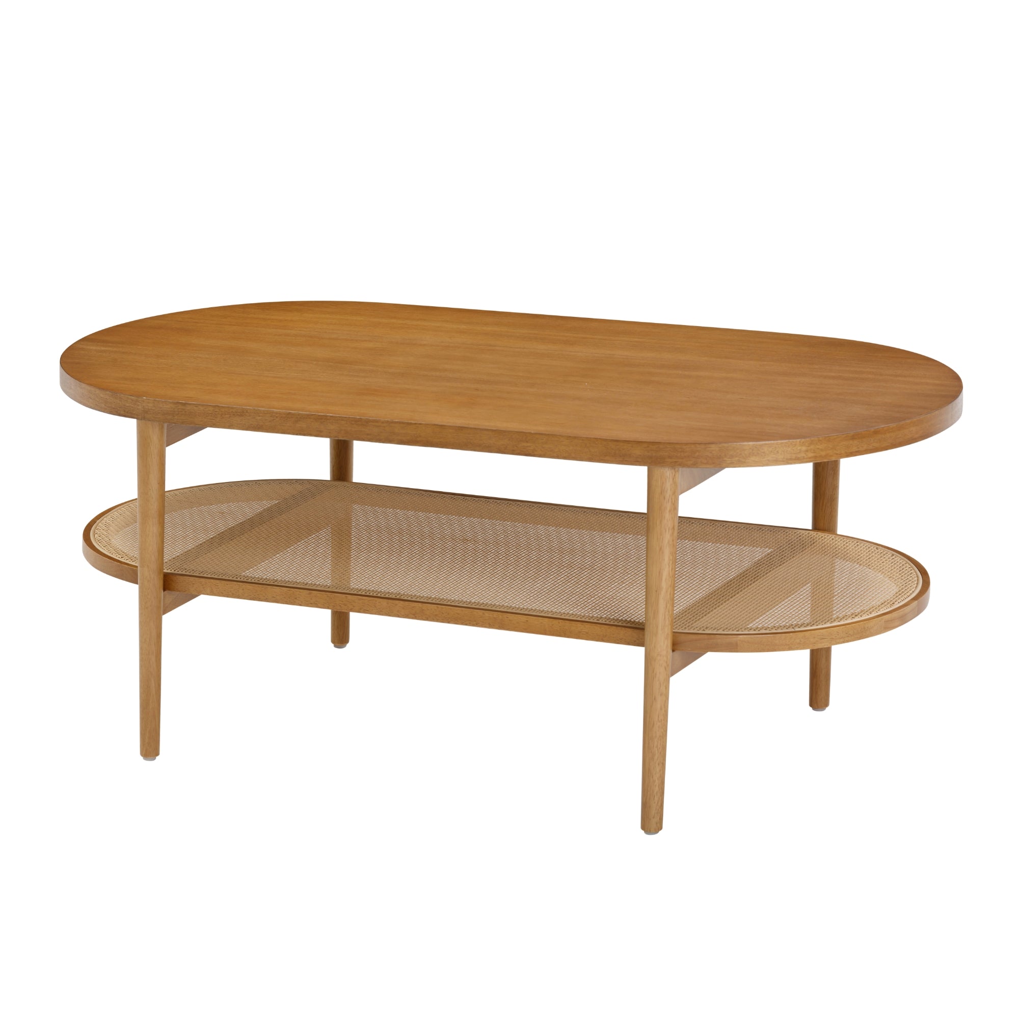 A wooden oval coffee table with four legs and a lower shelf made of woven rattan. The design is simple and modern, featuring a smooth finish and natural wood color.