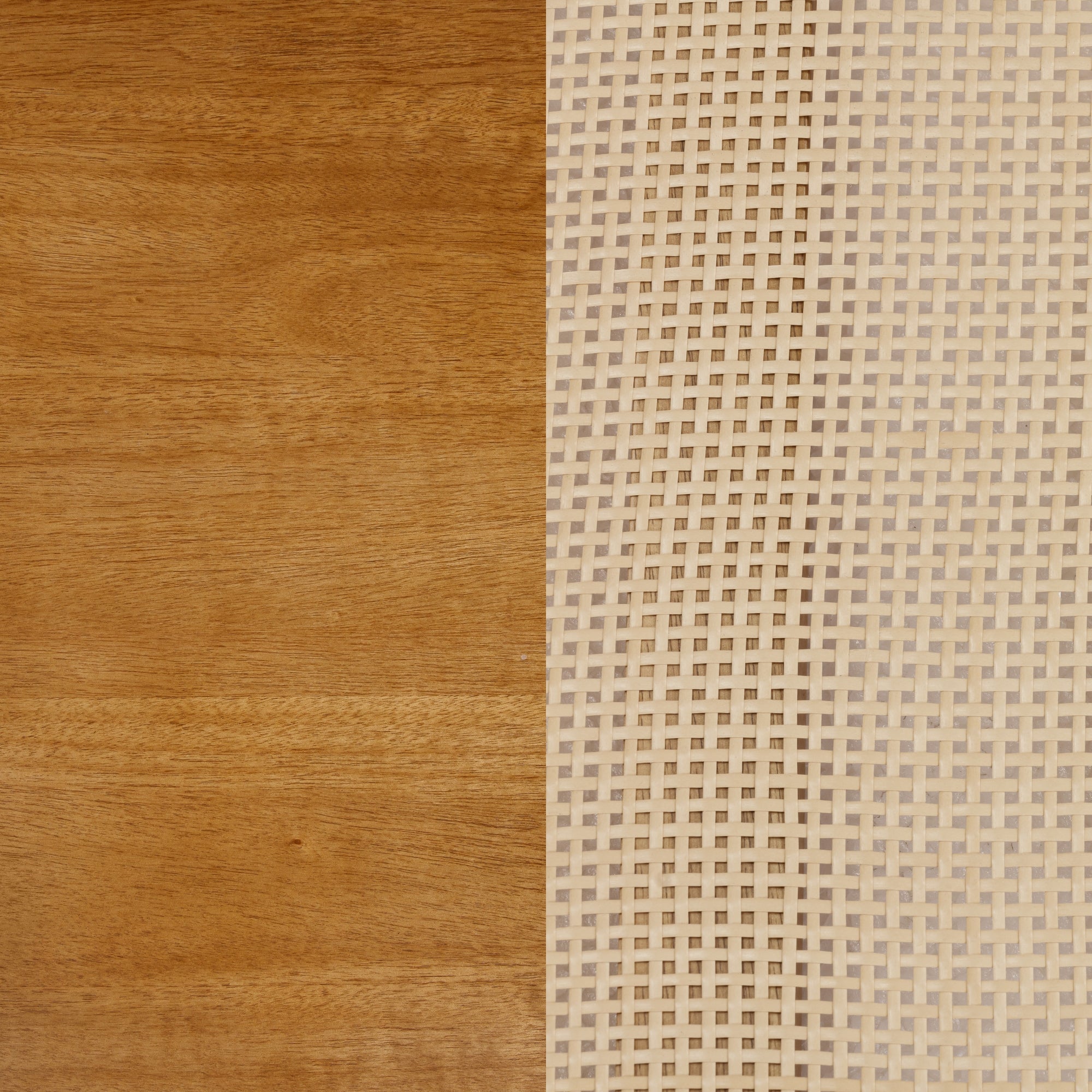 A wooden surface is divided in half; the left side is smooth, solid wood, while the right side features a woven cane pattern with a grid-like texture.