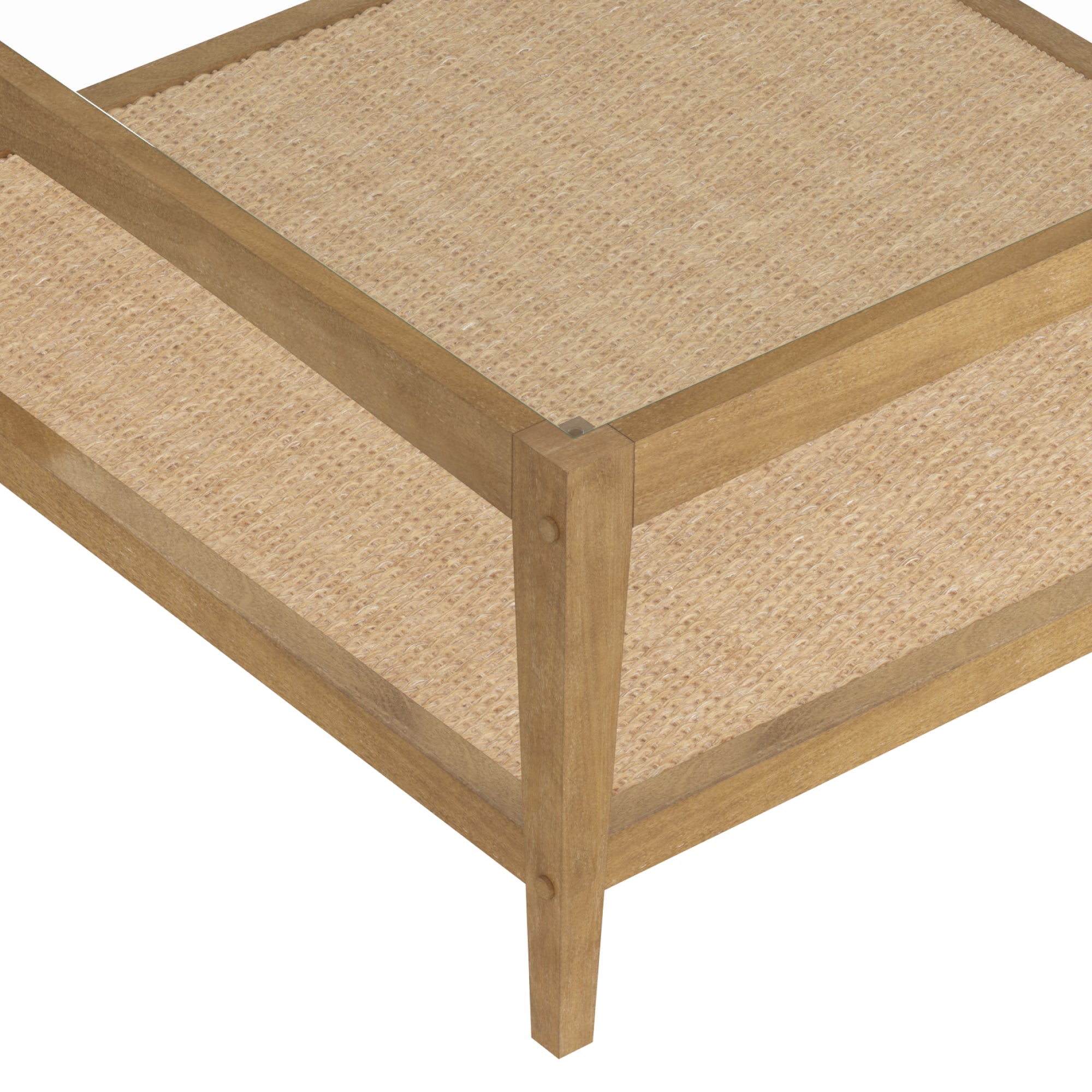 A close-up view of a wooden table or shelf corner, featuring a light brown wood frame and a textured woven or rattan shelf surface.