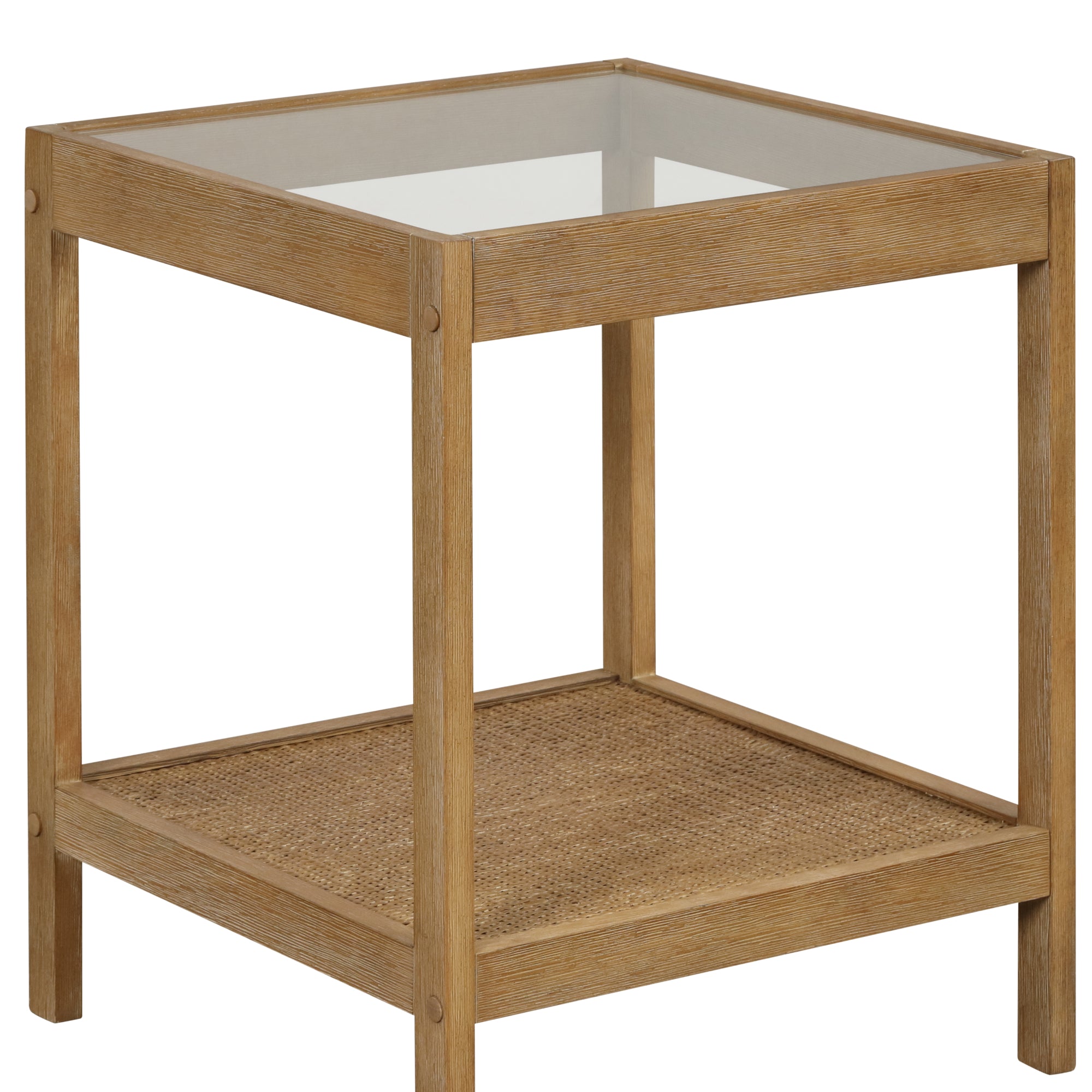 Square wooden side table with a glass top and a lower woven rattan shelf; simple, minimalist design.