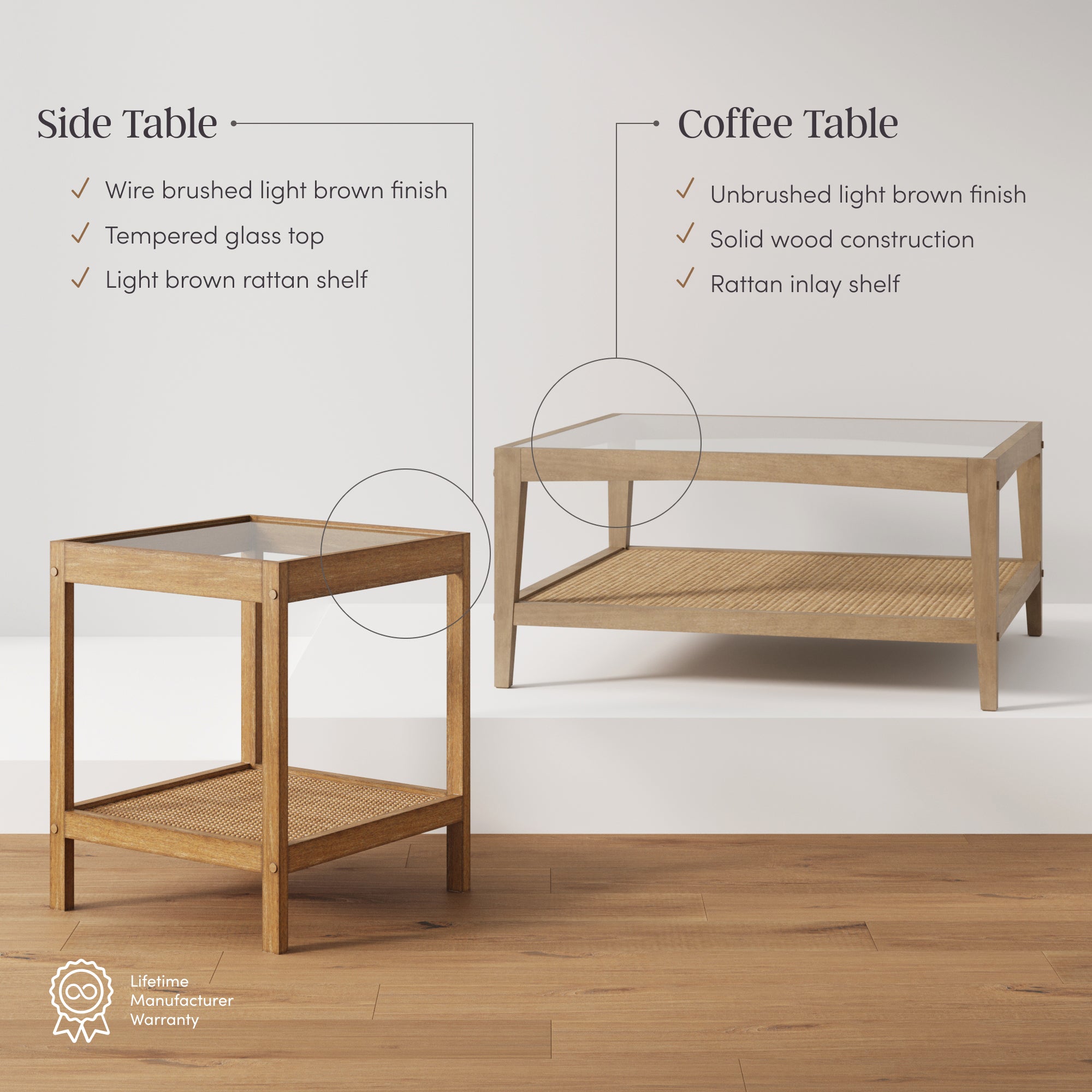 A side table and a coffee table with glass tops, wooden frames, and rattan shelves are displayed on a wooden floor. Text highlights their design features and a lifetime warranty icon is shown.