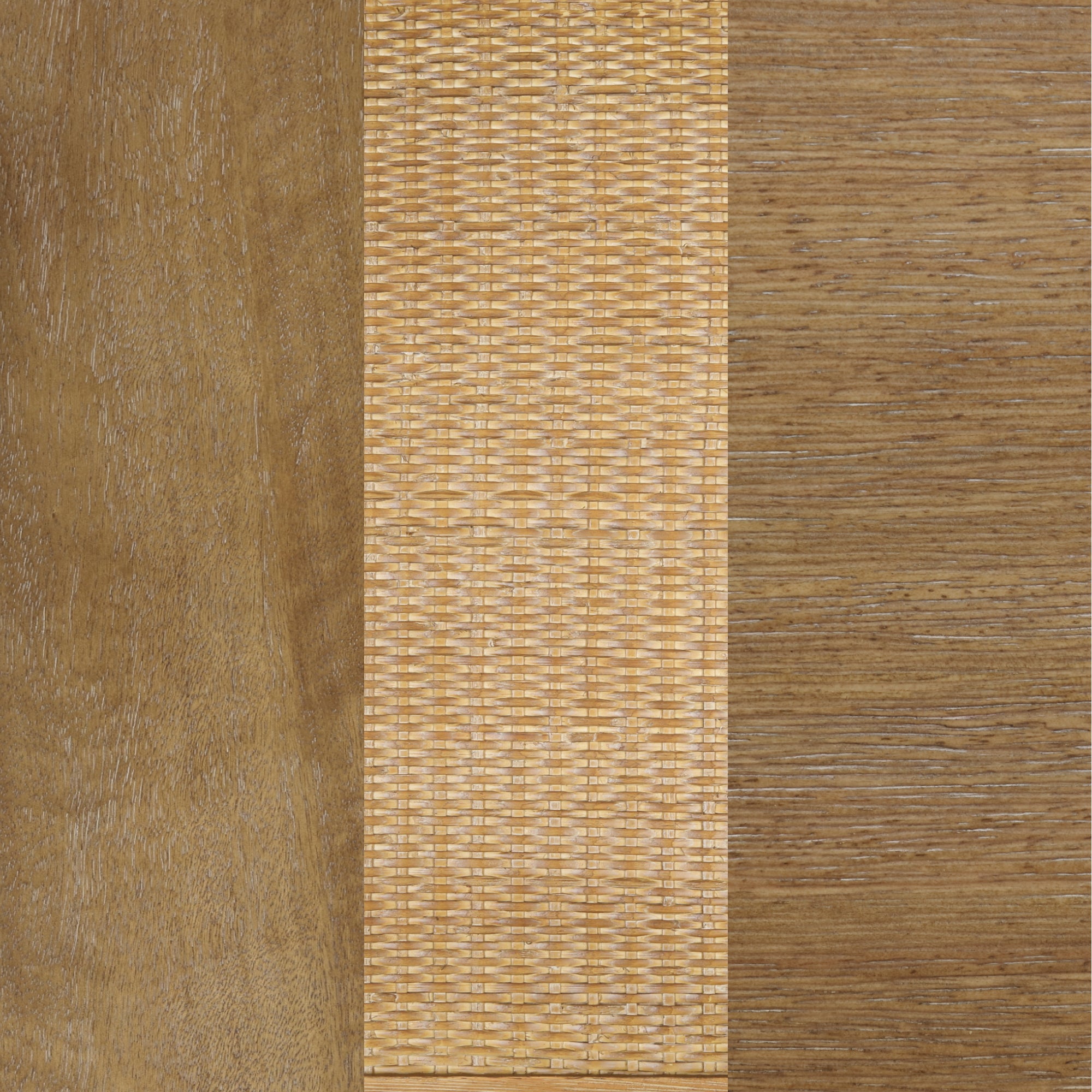 A rectangular, light-colored woven placemat is placed vertically on a wooden table with two different wood tones on either side.