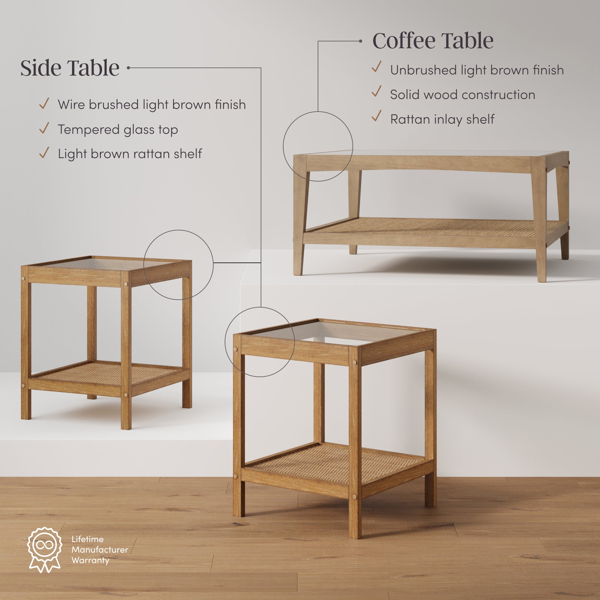 Side table and coffee table with a light brown wood finish and rattan shelves are displayed on wooden flooring. Text highlights tempered glass tops, solid wood, and rattan inlay shelf. Lifetime Manufacturer Warranty icon shown.