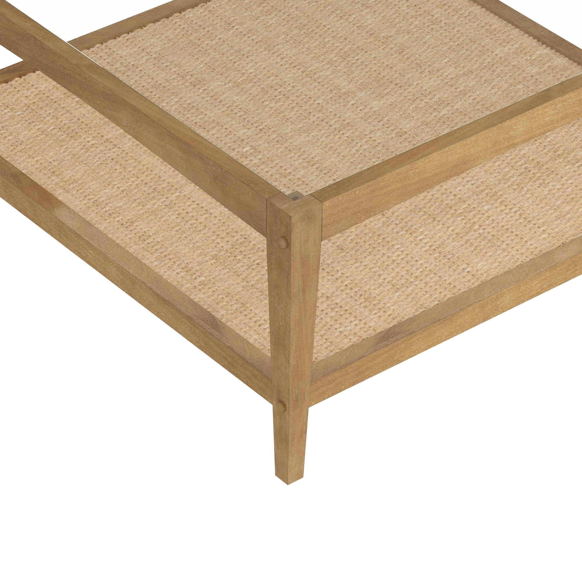 Corner view of a wooden table or shelf with a woven rattan or cane lower shelf, showing light brown wood frame and textured tan surface.