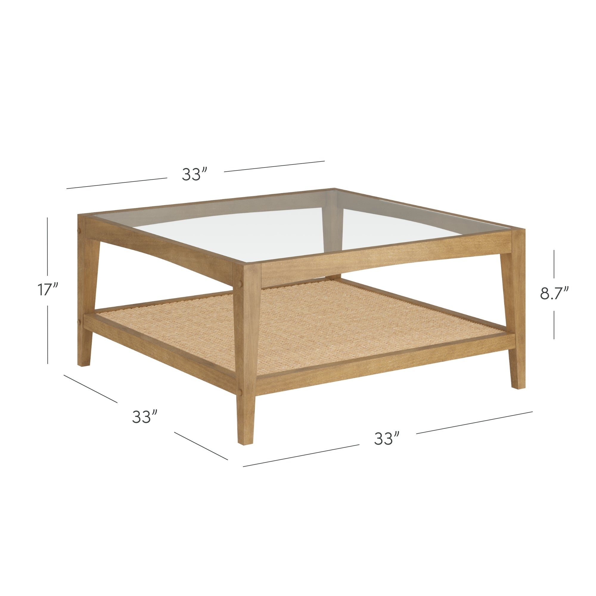 A square wooden coffee table with a glass top and woven lower shelf, measuring 33 inches wide, 33 inches deep, 17 inches high, and 8.7 inches from the shelf to the glass top.