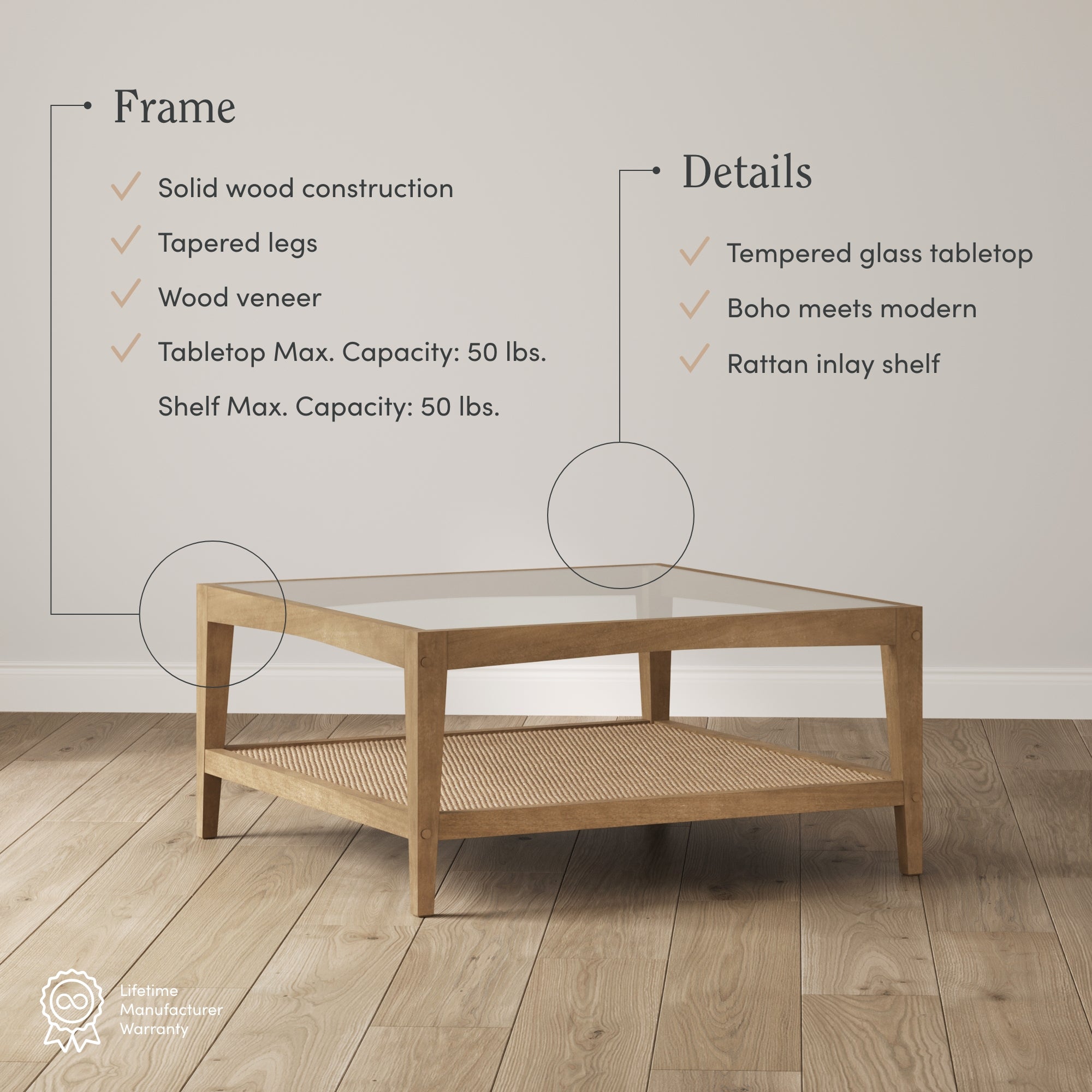 A square wooden coffee table with a glass top and a woven rattan lower shelf. Text highlights its solid wood construction, tempered glass tabletop, and modern-boho design. The table sits on a wooden floor against a plain wall.