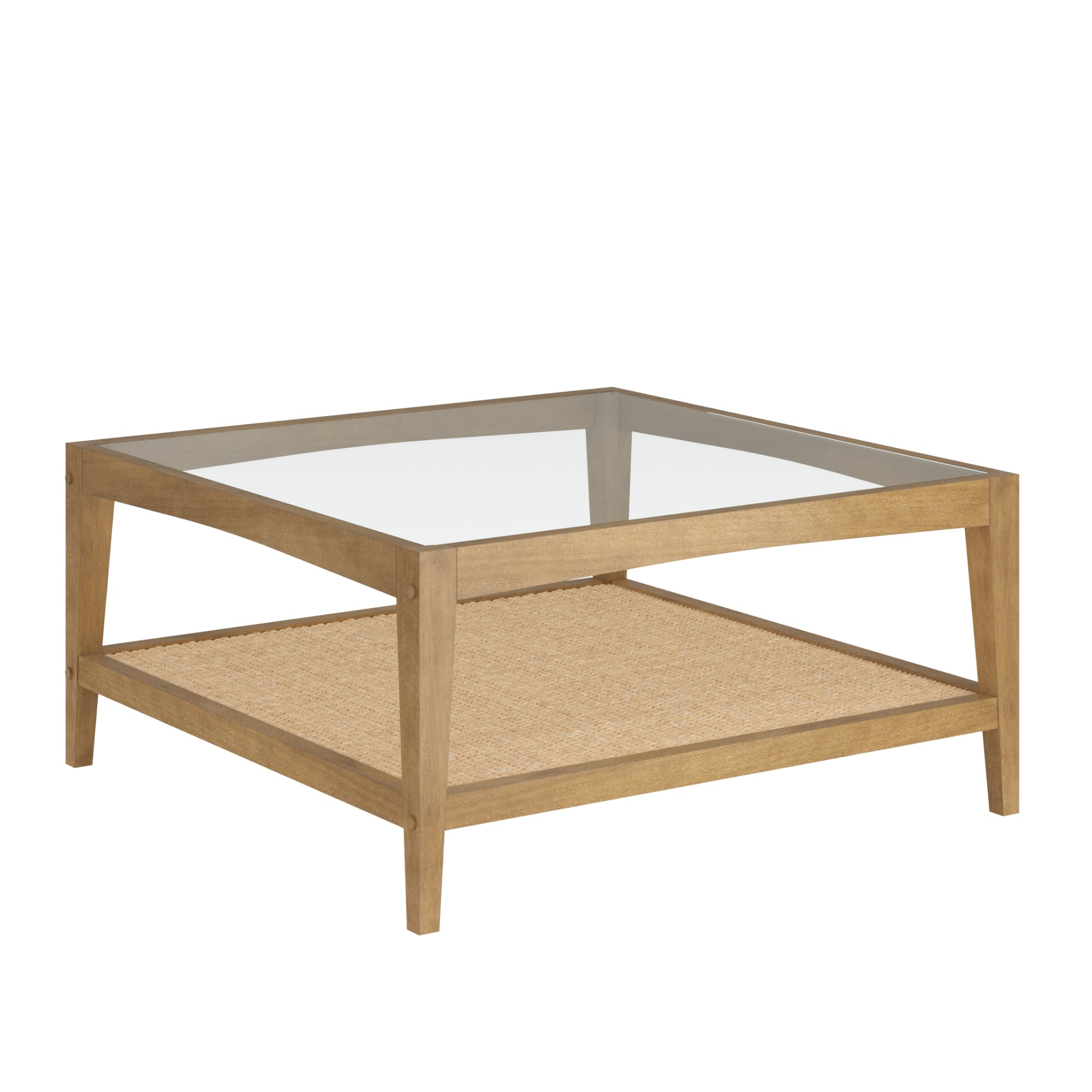 A square wooden coffee table with a glass top and a woven rattan lower shelf, featuring clean lines and a natural finish.