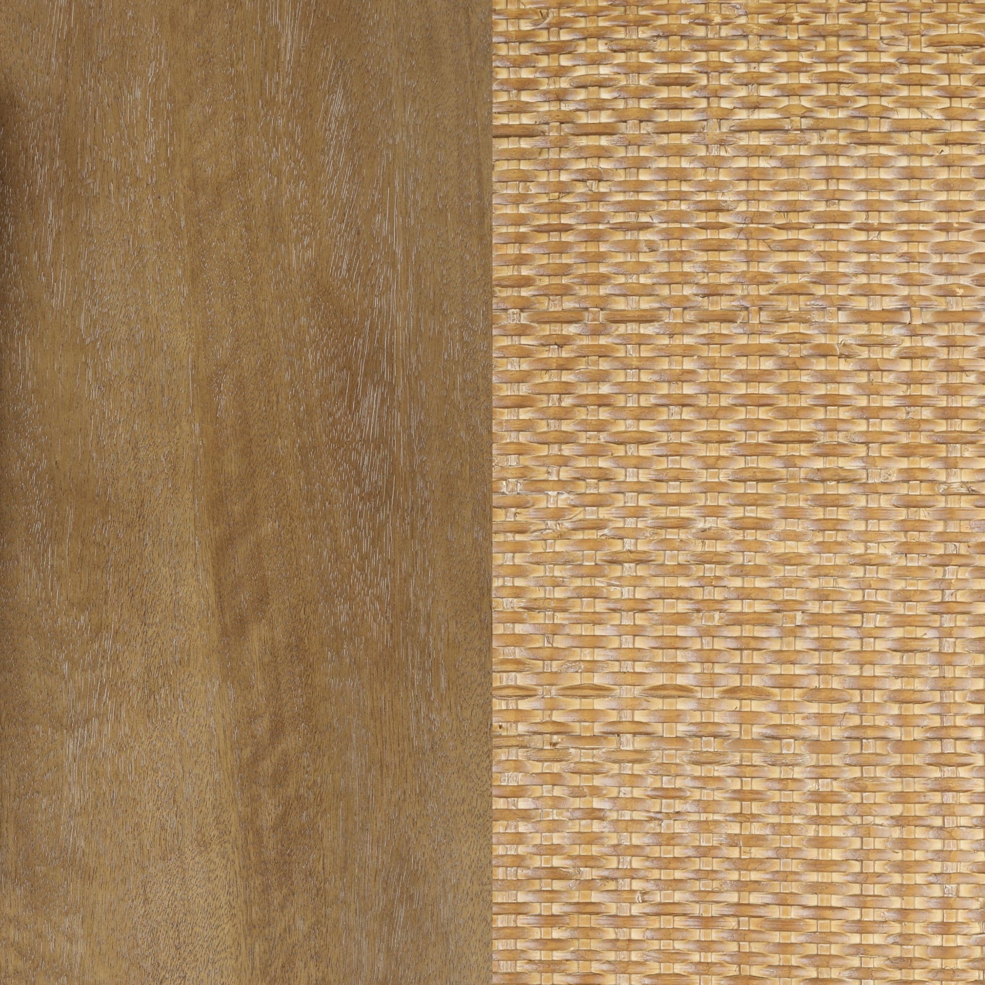 A photo showing two textures side by side: smooth brown wood on the left and woven rattan in a light, natural color on the right.