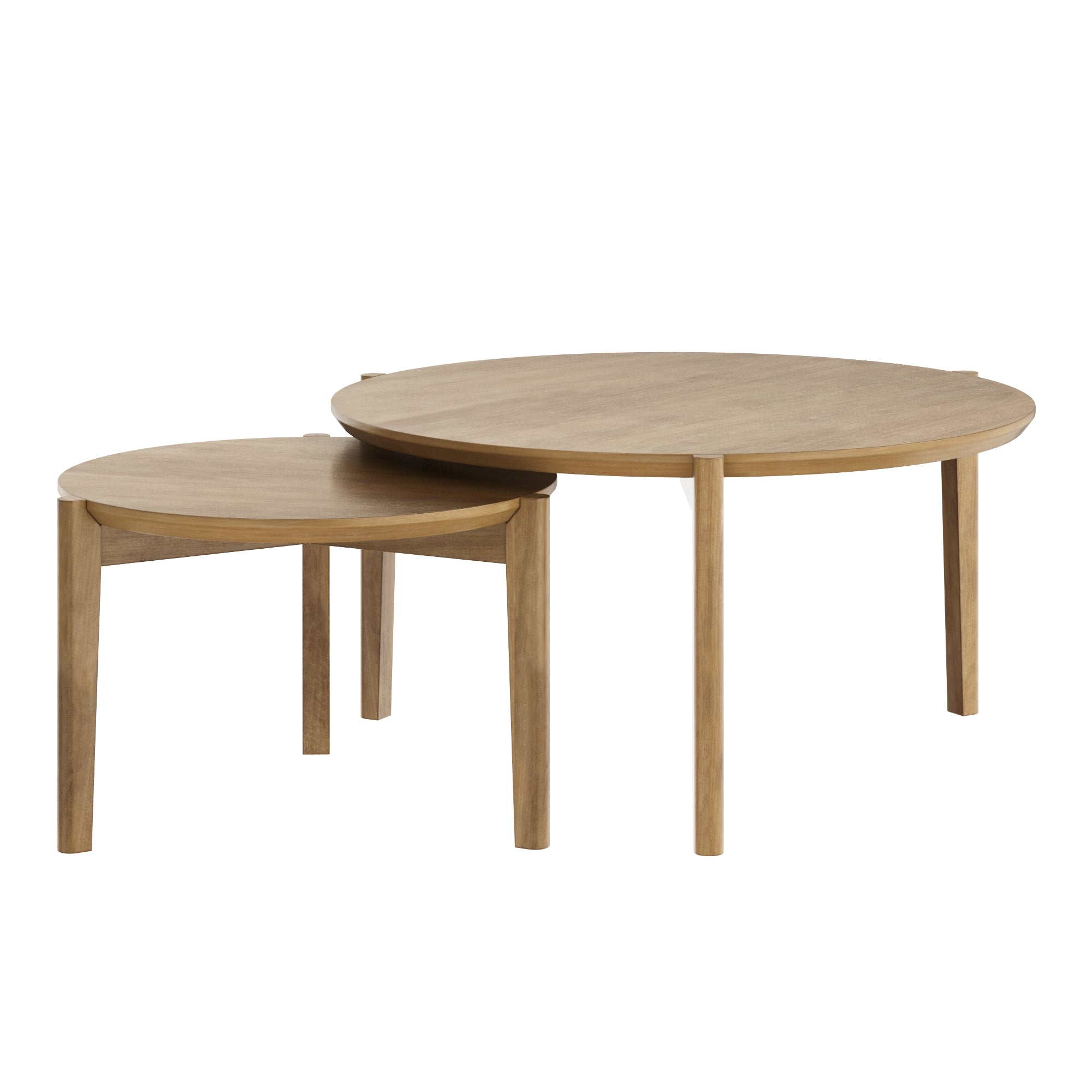 Two round wooden nesting tables with simple, modern design. The smaller table is partially tucked under the larger one, both featuring light wood and straight legs.
