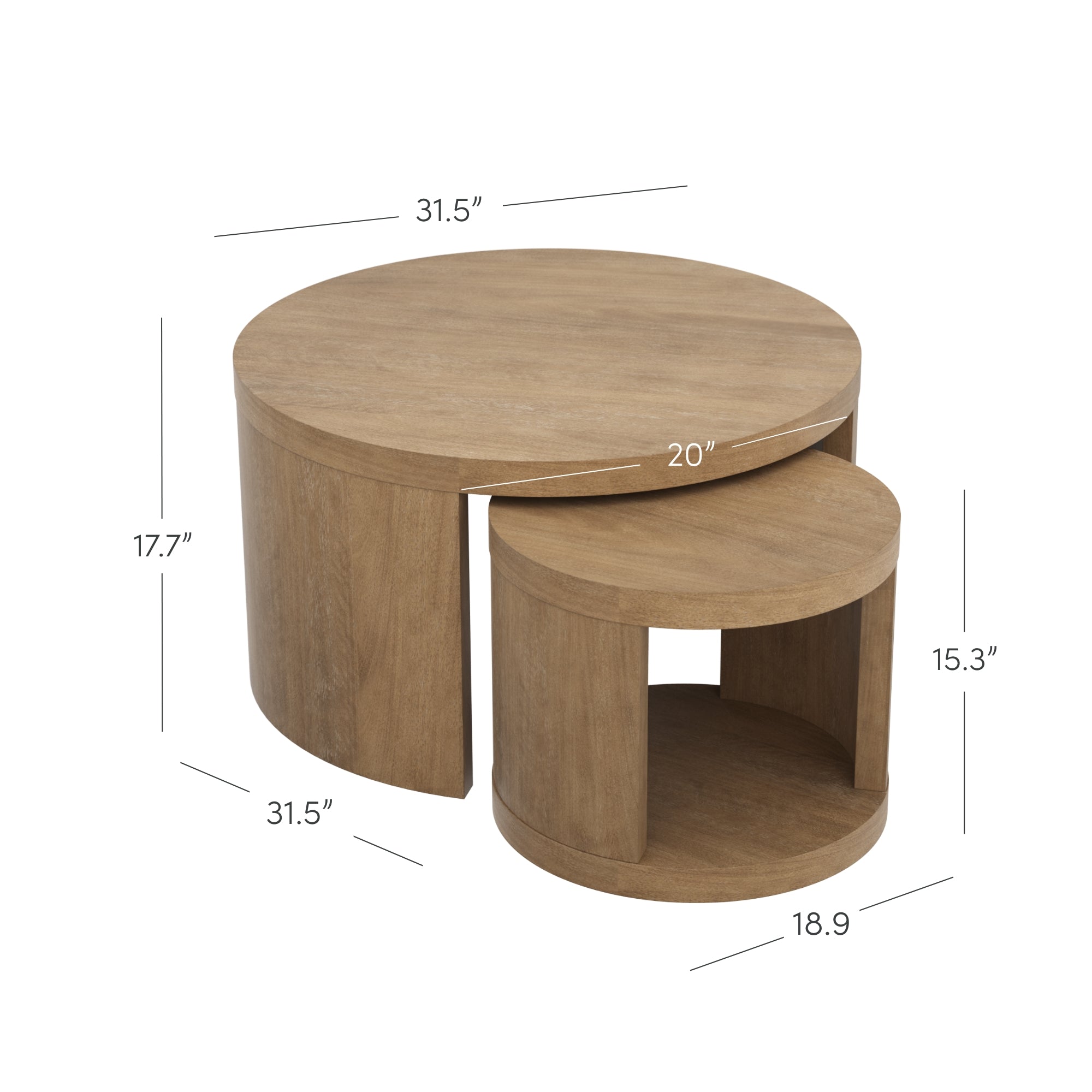 Two round wooden nesting tables with open sides. The larger table is 31.5 in diameter and 17.7 high, while the smaller table is 20 in diameter, 15.3 high, and 18.9 deep.