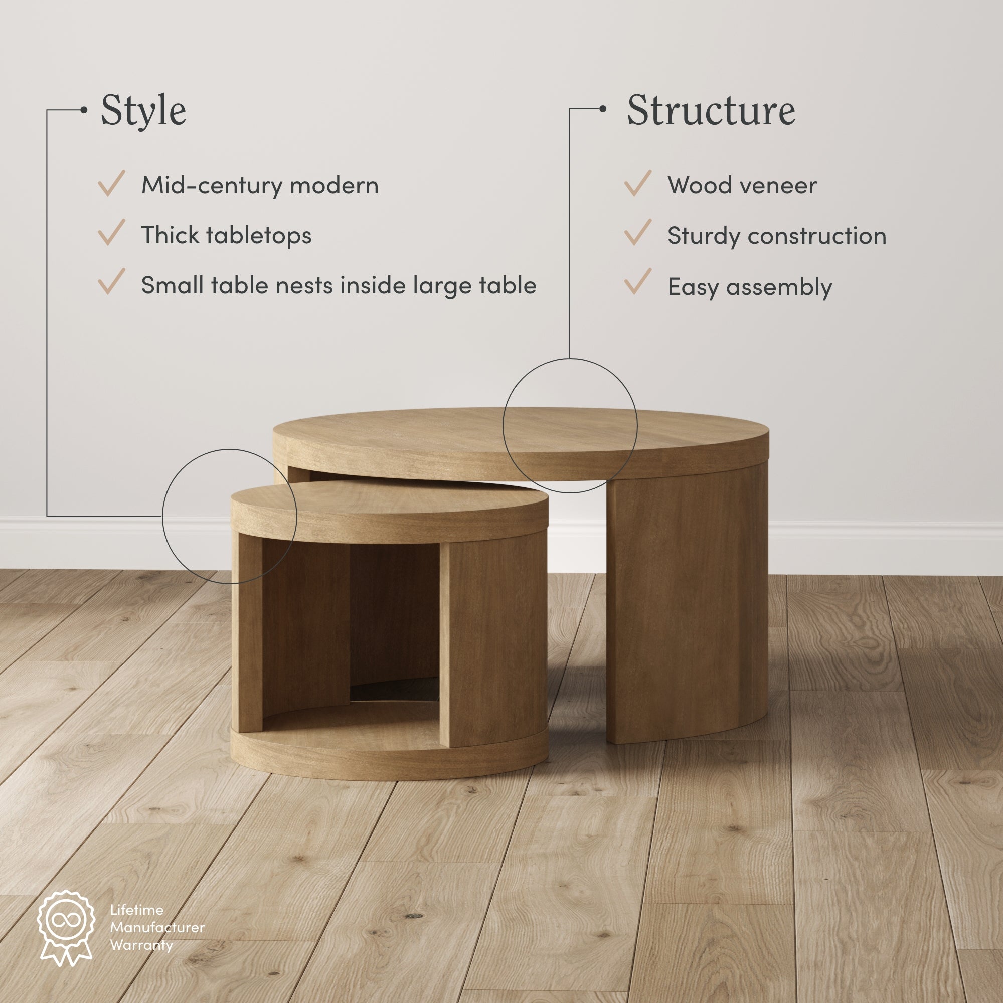Two round wooden tables with mid-century modern design are nested together on a wood floor. Features listed: mid-century modern, thick tabletops, wood veneer, sturdy construction, easy assembly, and lifetime warranty.
