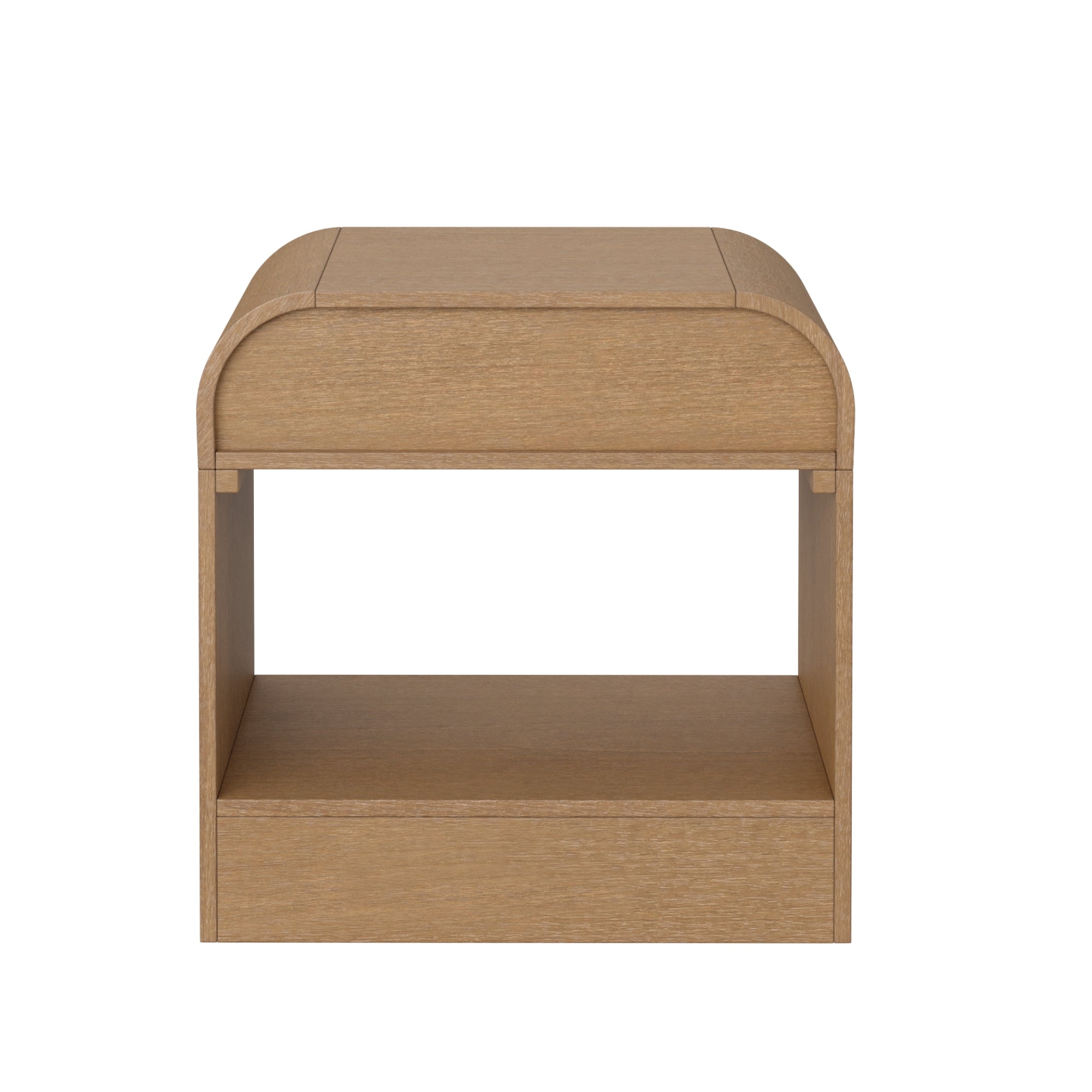A light wood nightstand with rounded edges, an open middle shelf, and a closed compartment at the bottom, shown against a white background.