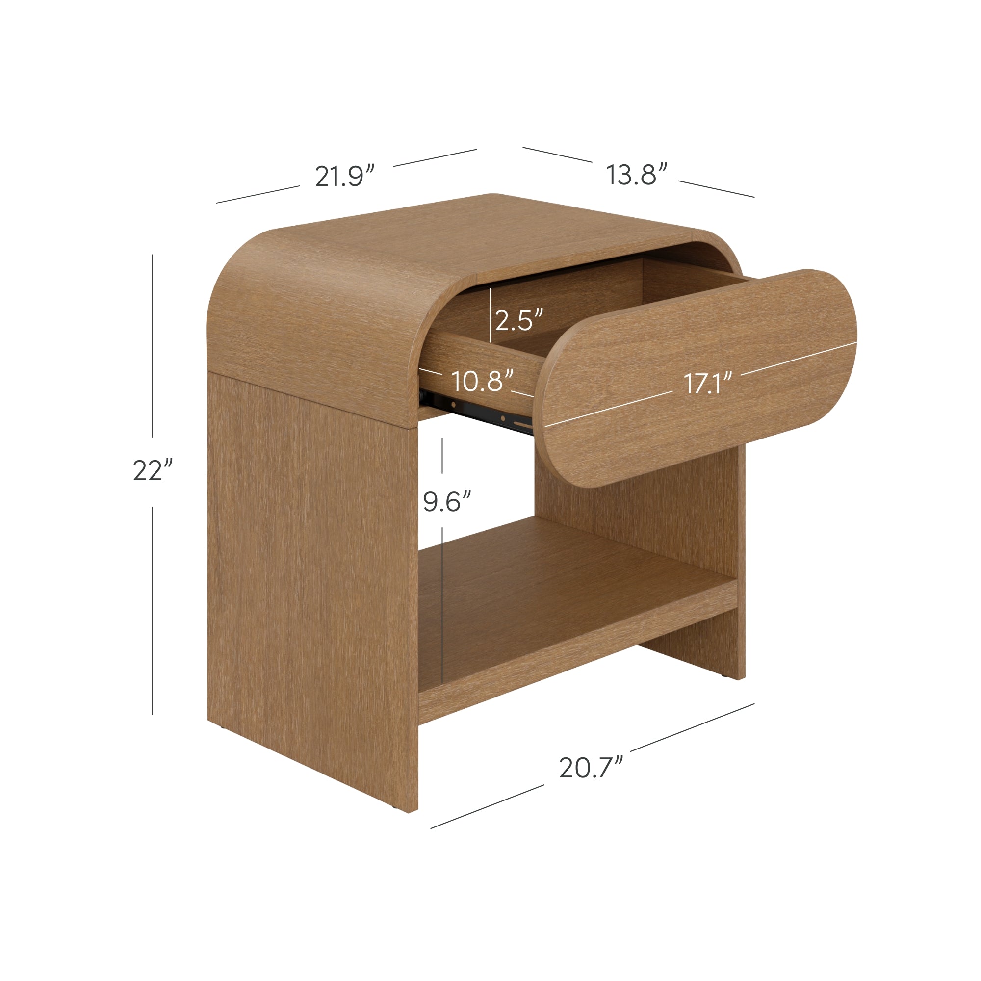 A wooden nightstand with a curved top and open cubby, featuring dimensions and a partially open drawer. The nightstand measures 21.9 W x 13.8 D x 22 H with labeled drawer and shelf sizes.