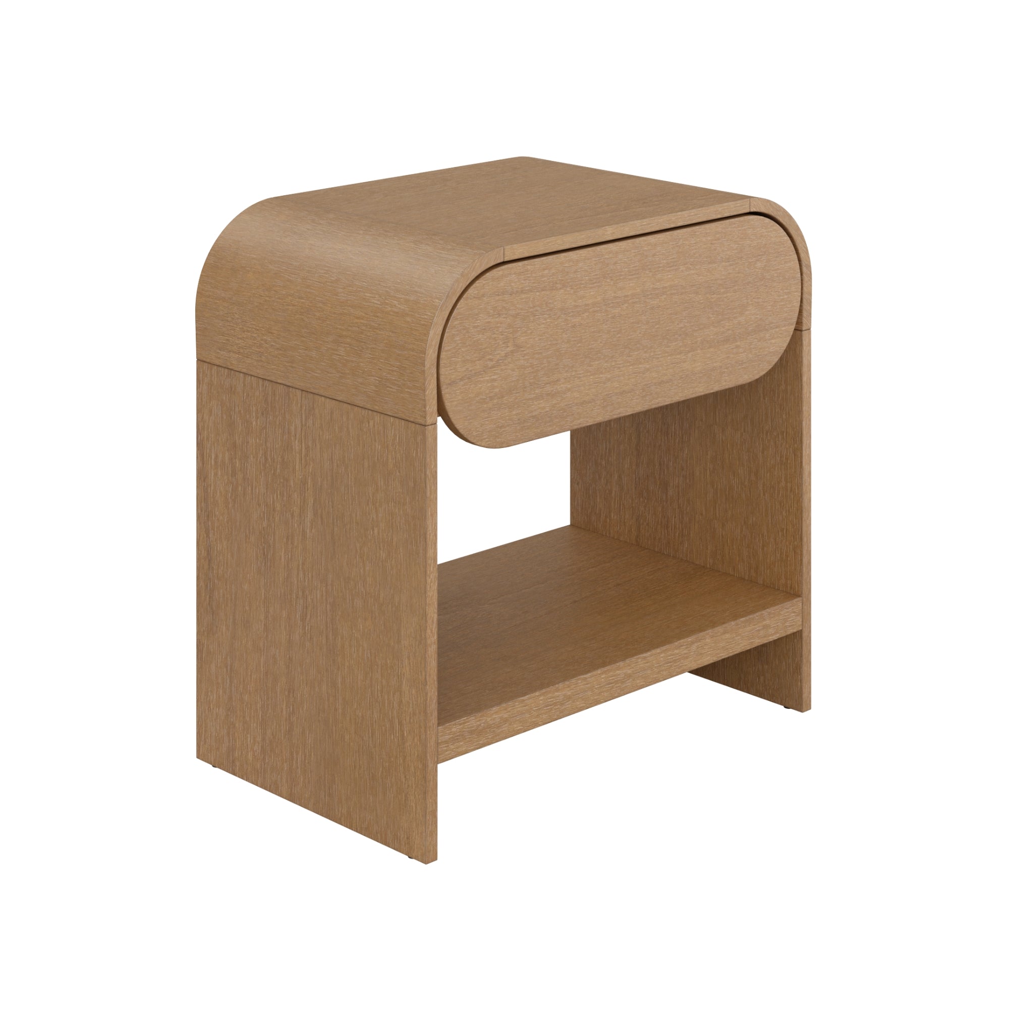 A modern wooden nightstand with rounded edges, one drawer at the top, and an open shelf below. The design features a light brown wood finish and clean, minimalist lines.